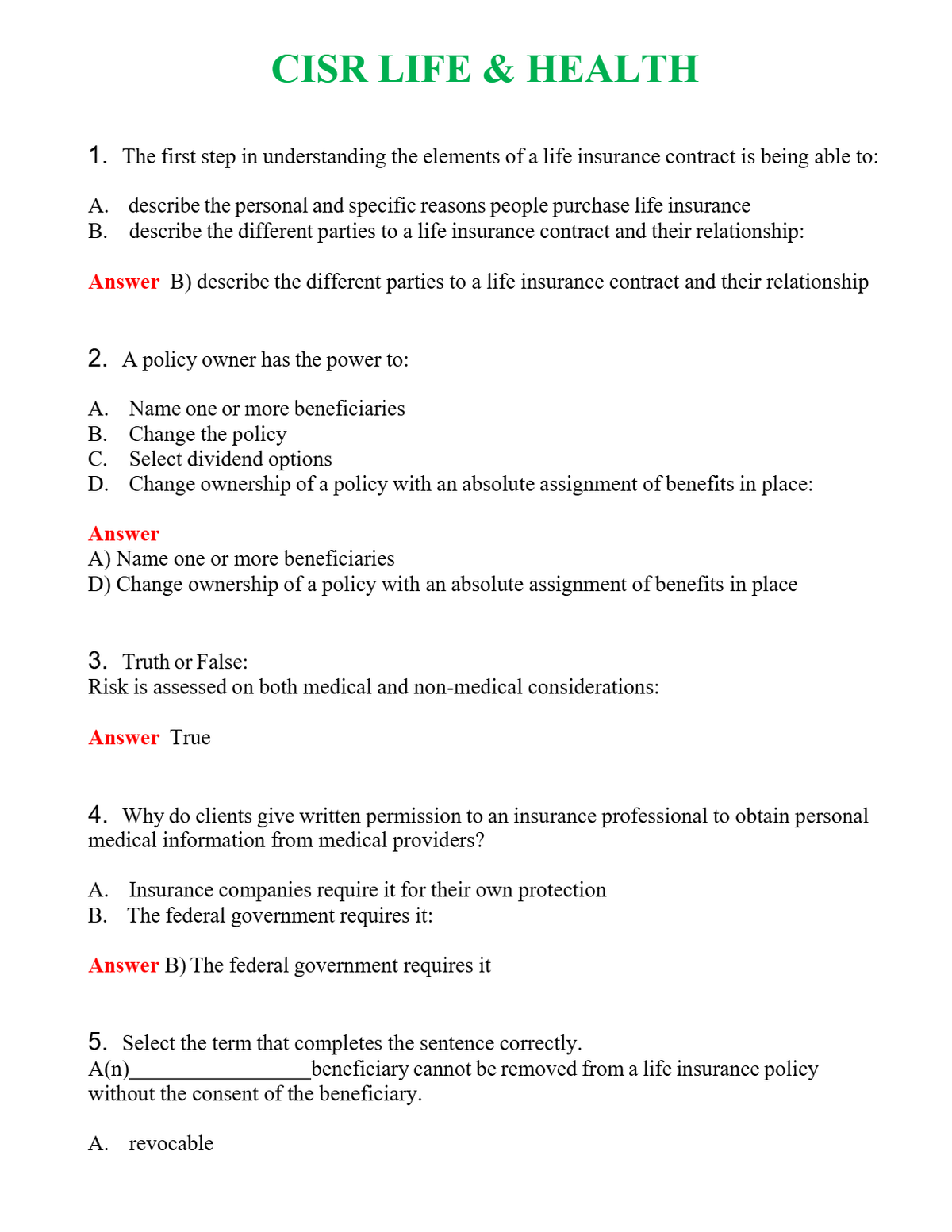 CISR LIFE & HEALTH Questions With Complete Grade A+ Answers