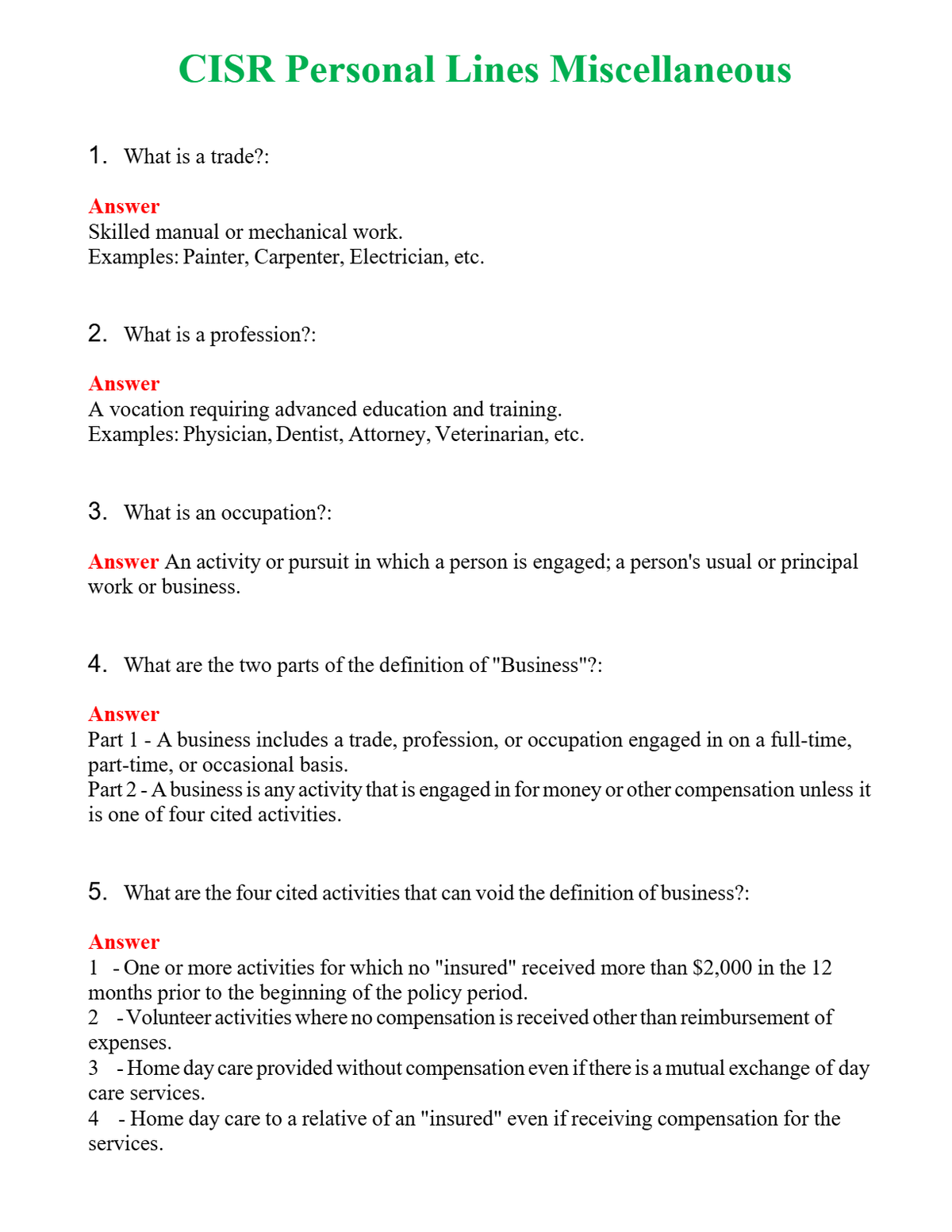 CISR Personal Lines Miscellaneous Questions With Complete Grade A+ Answers