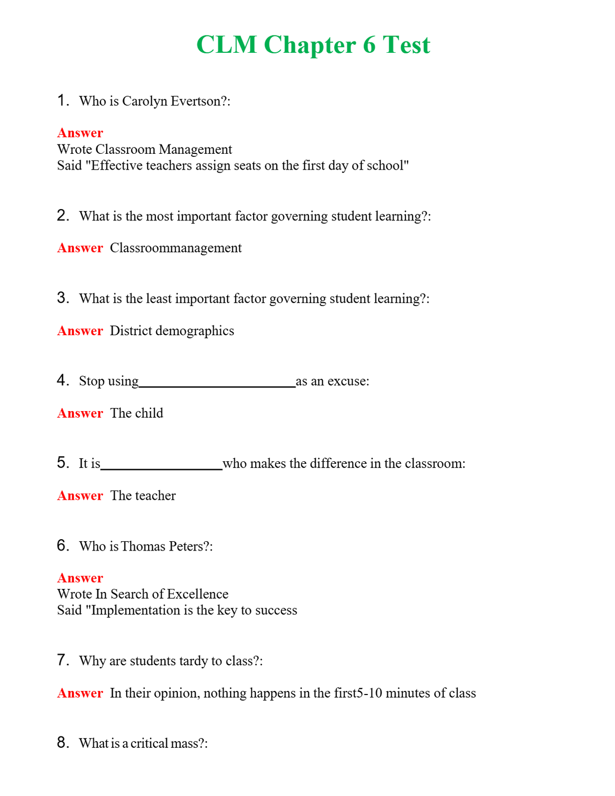 CLM Chapter 6 Test Questions With Complete Grade A+ Answers