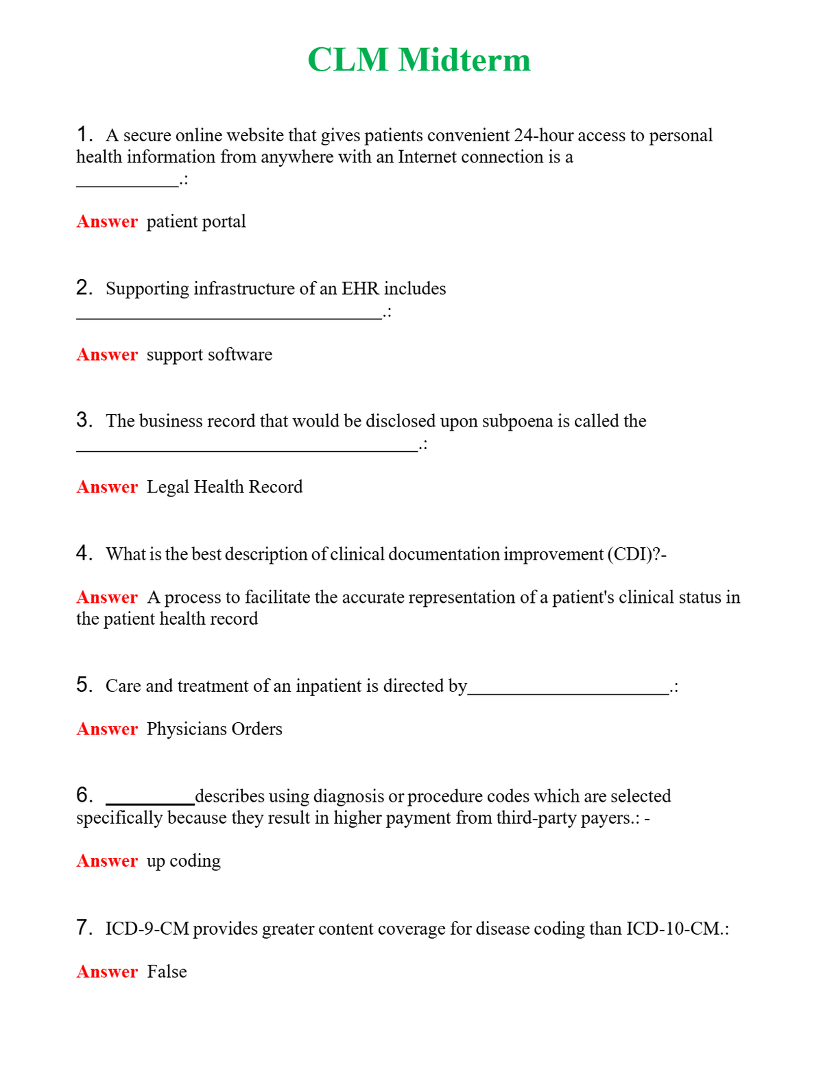 CLM Midterm Questions With Complete Grade A+ Answers