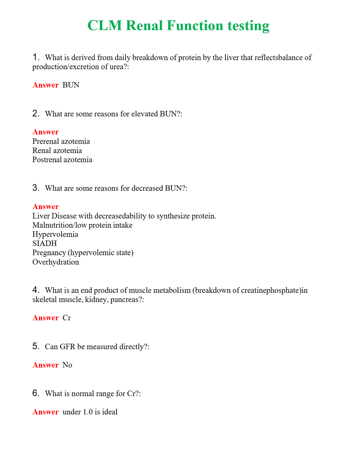 CLM Renal Function testing Questions With Complete Grade A+ Answers