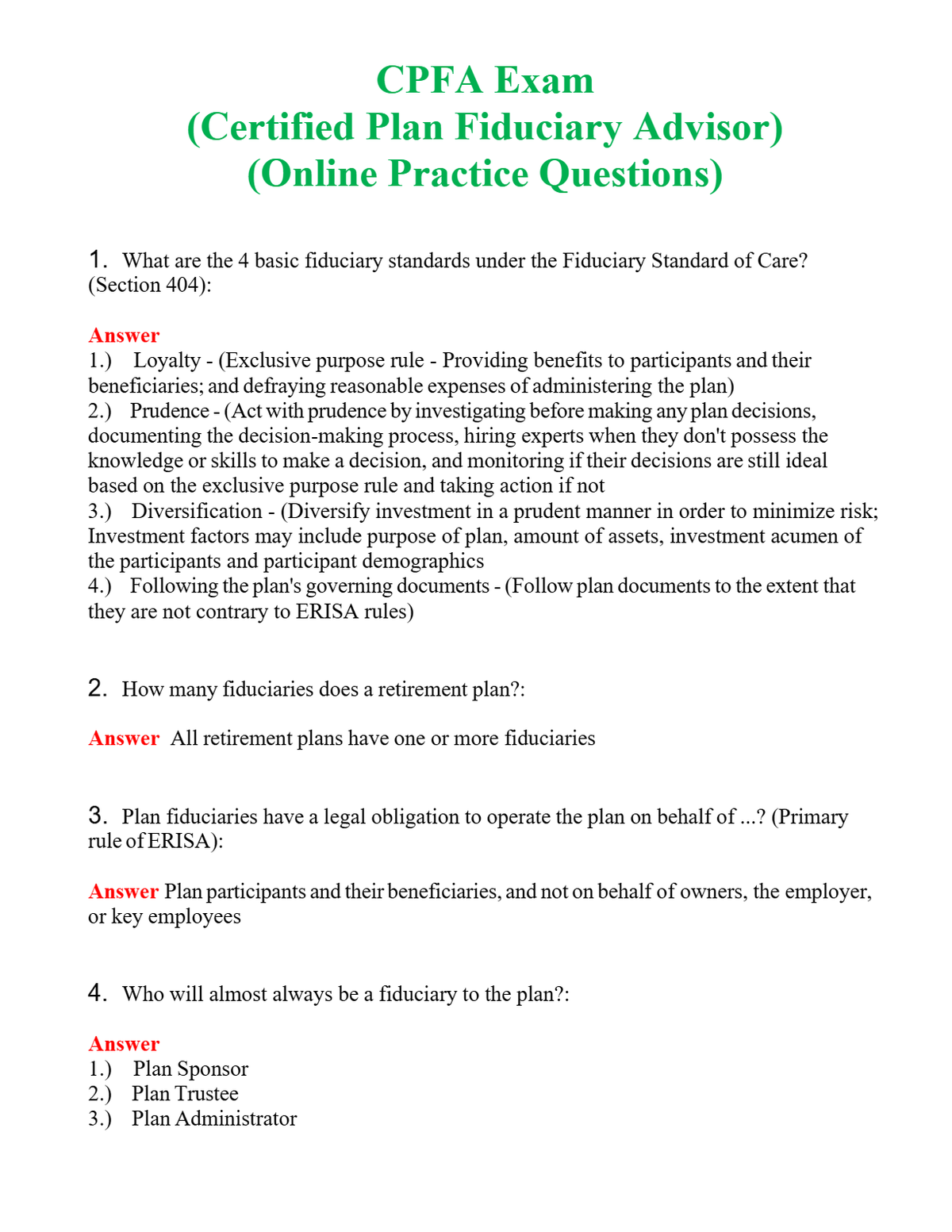 CPFA Exam (Certified Plan Fiduciary Advisor) (Online Practice Questions) Questions With Complete Grade A+ Answers