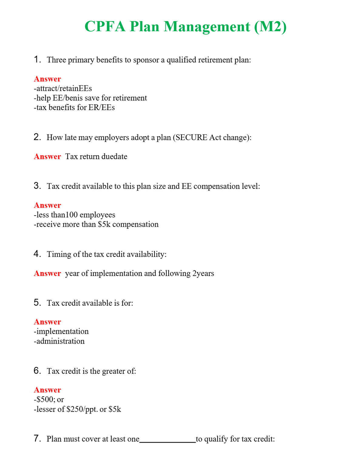 CPFA Plan Management (M2) Questions With Complete Grade A+ Answers