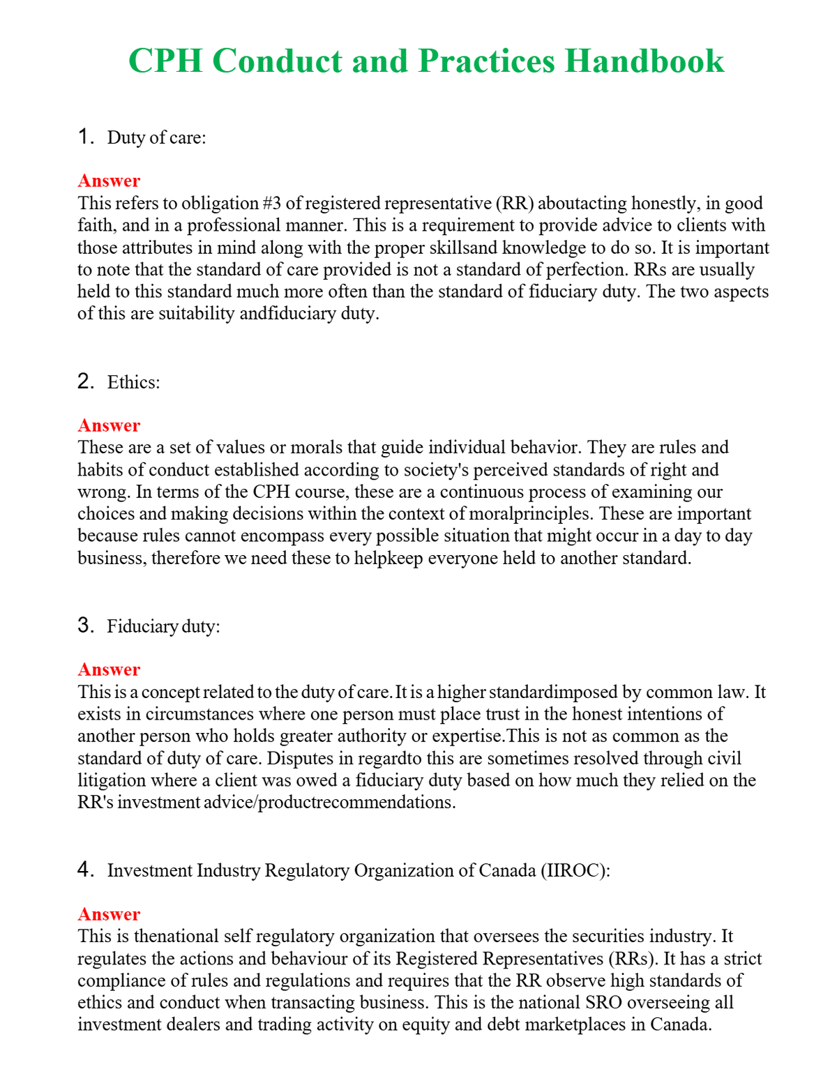 CPH Conduct and Practices Handbook | Actual Questions and Verified Answers ( Included ) 100% Correct