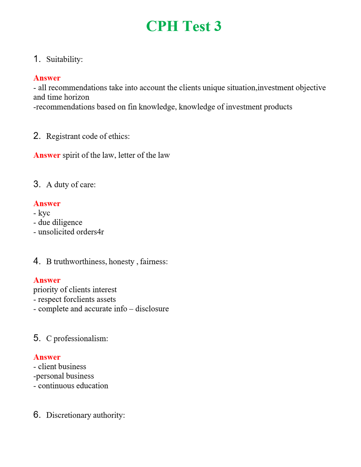 CPH Test 3 | Actual Questions and Verified Answers ( Included ) 100% Correct