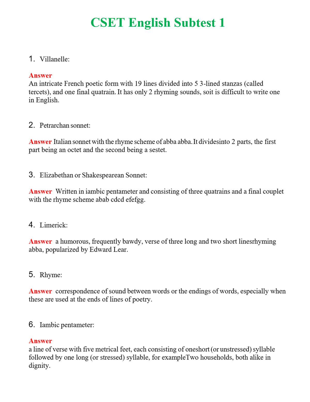 CSET English Subtest 1 Questions With Complete Grade A+ Answers
