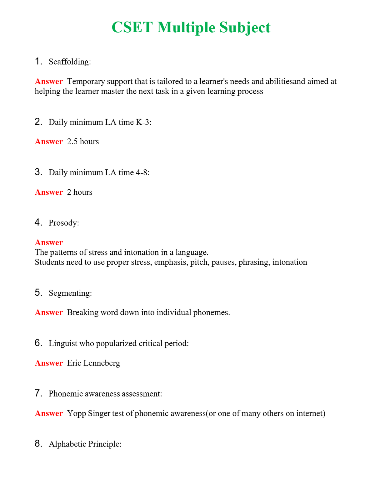 CSET Multiple Subject Questions With Complete Grade A+ Answers