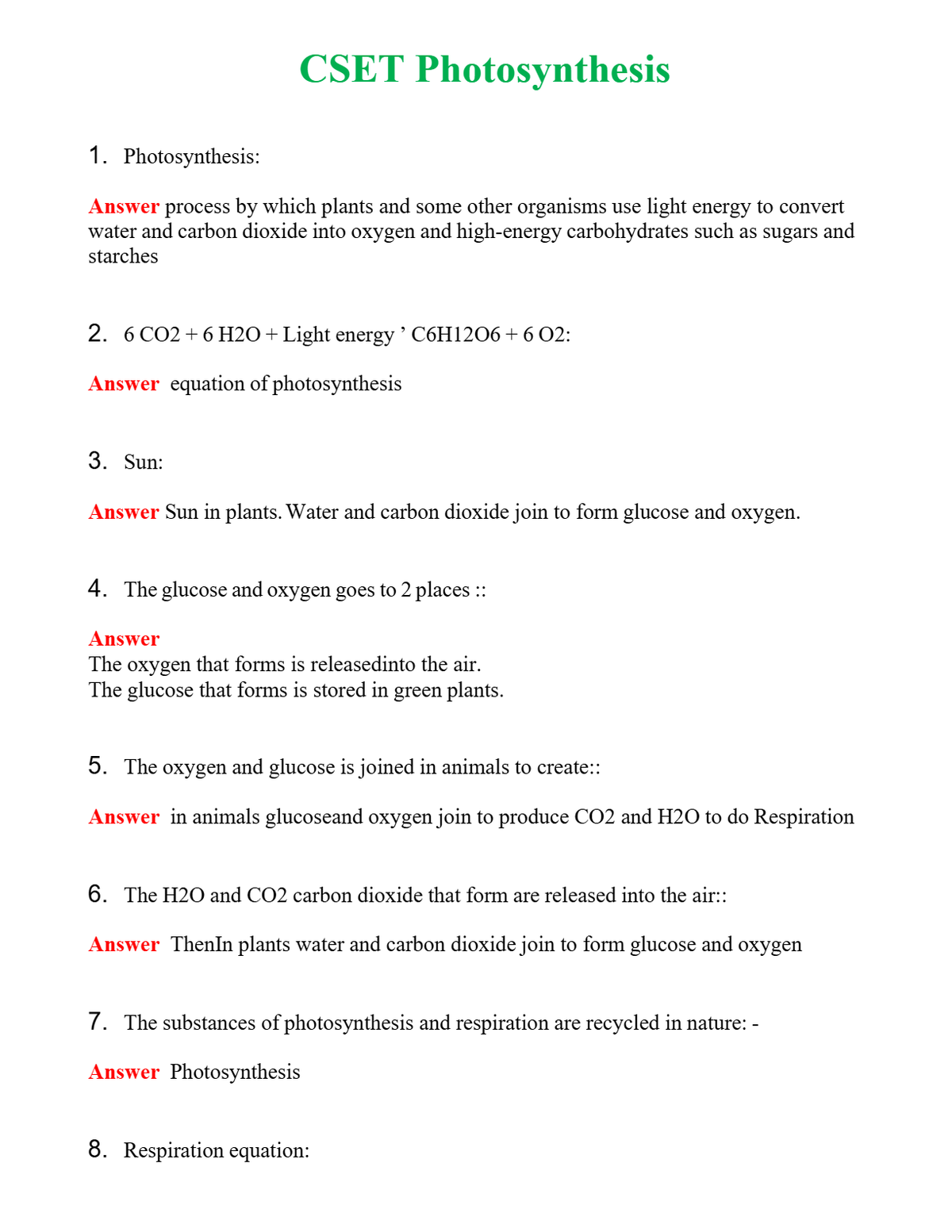 CSET Photosynthesis Questions With Complete Grade A+ Answers