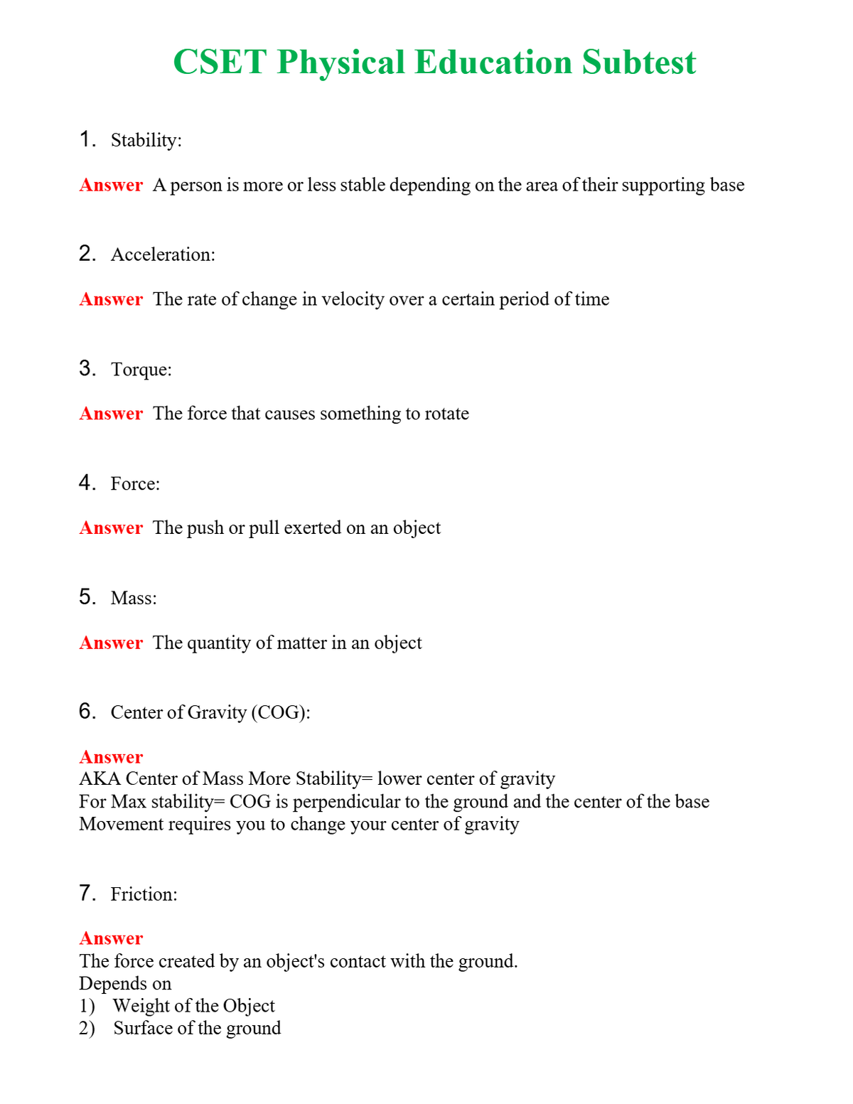 CSET Physical Education Subtest Questions With Complete Grade A+ Answers