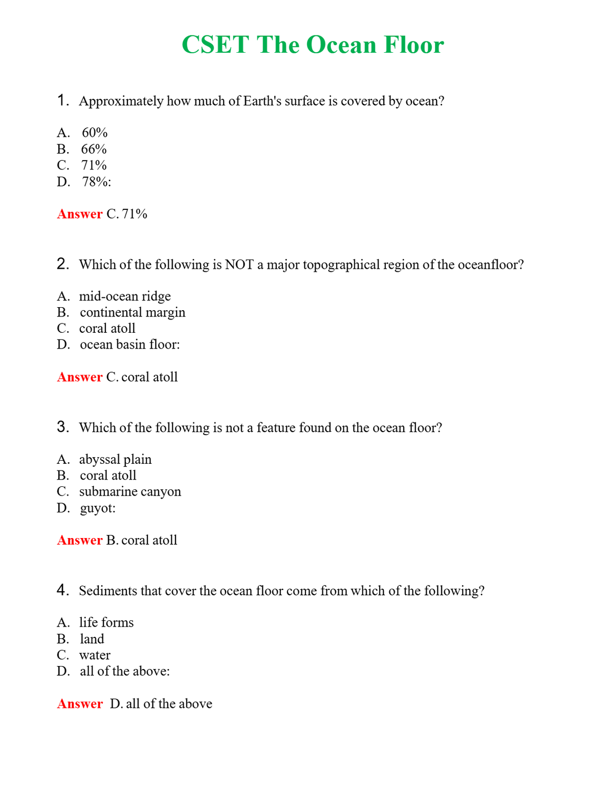 CSET The Ocean Floor Questions With Complete Grade A+ Answers