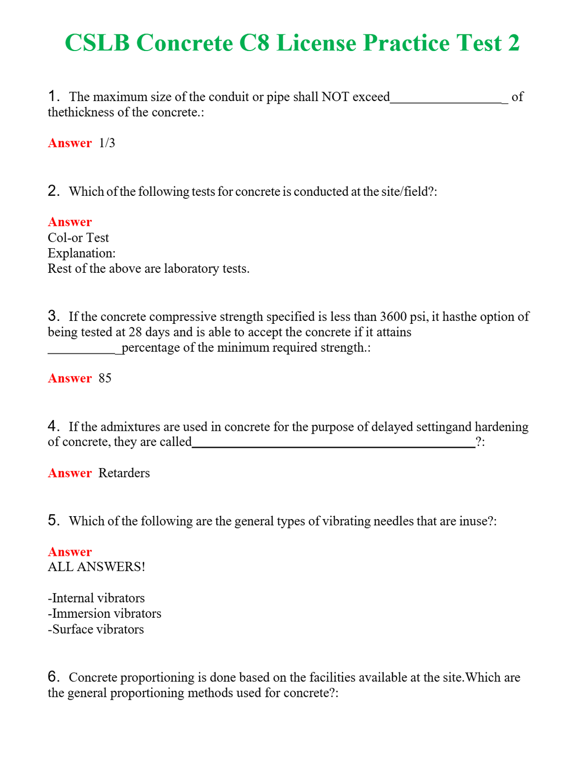 CSLB Concrete C8 License Practice Test 2 | Actual Questions and Verified Answers ( Included ) 100% Correct