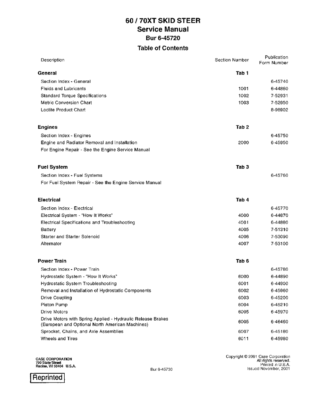 Case 60XT, 70XT Skid Steer Loader Service Manual Repair Workshop Book - 6-45730
