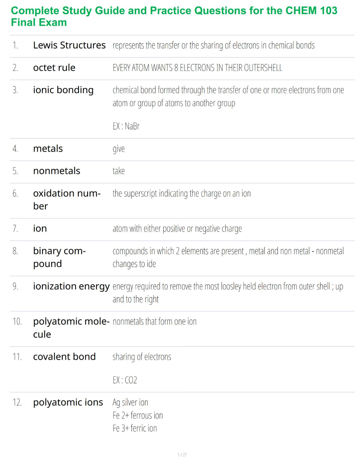 Complete Study Guide and Practice Questions for the CHEM 103 Final Exam