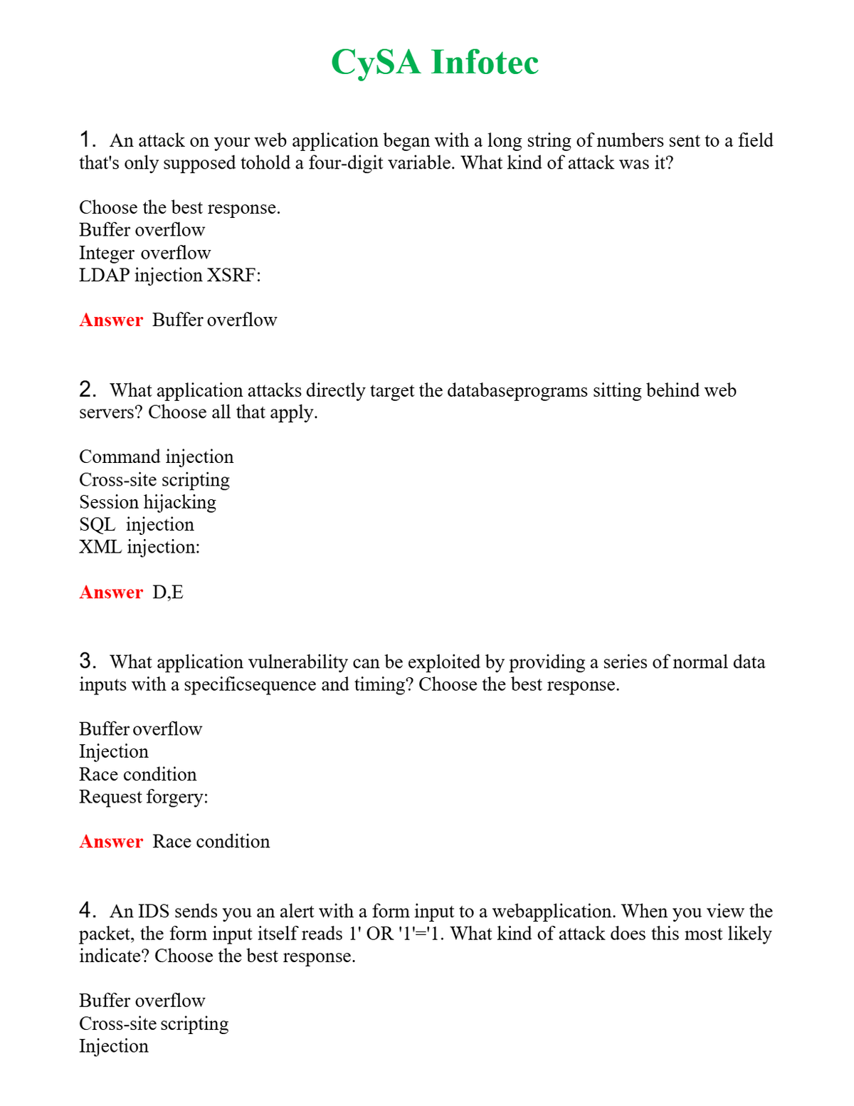 CySA Infotec Questions With Complete Grade A+ Answers