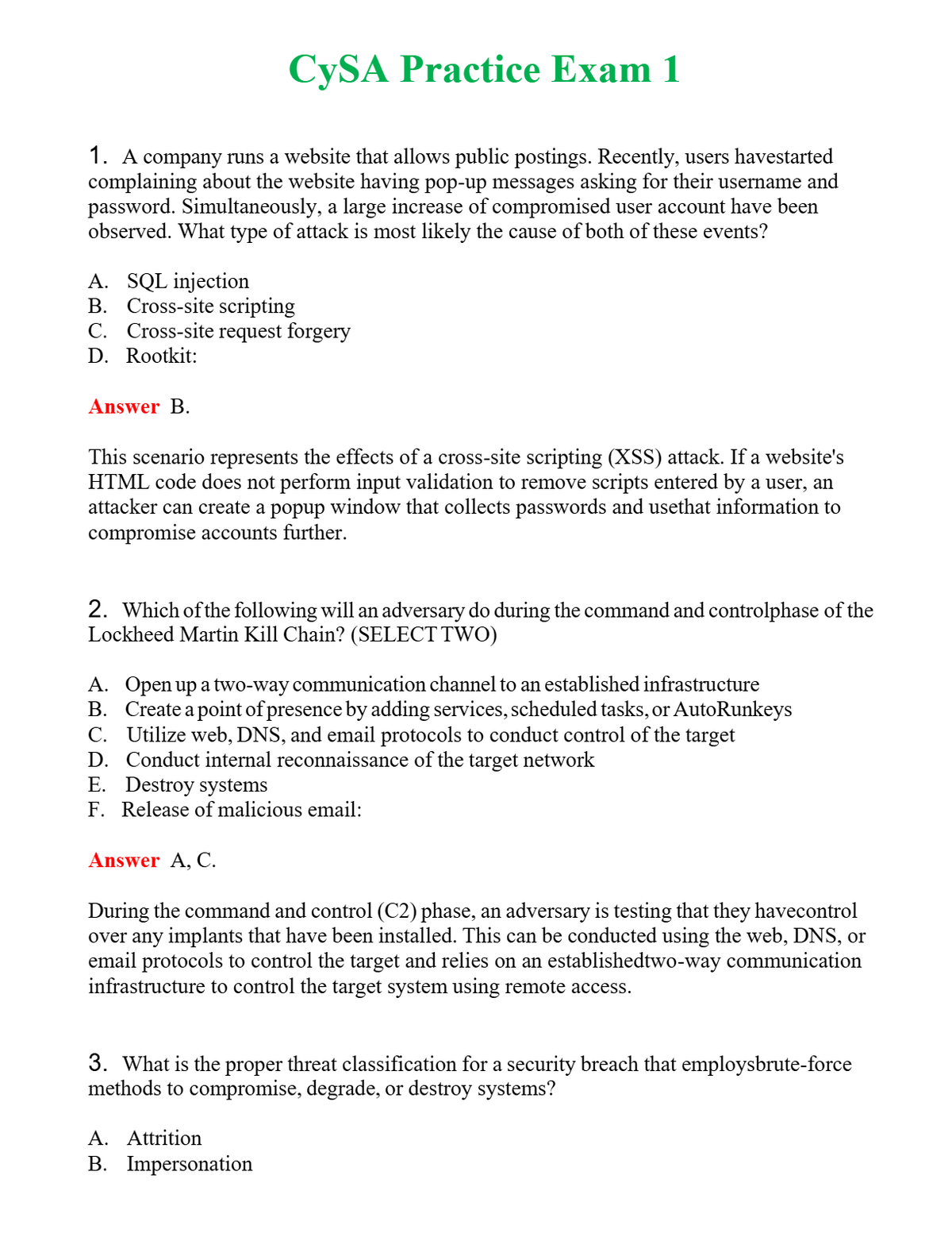 CySA Practice Exam 1 Questions With Complete Grade A+ Answers