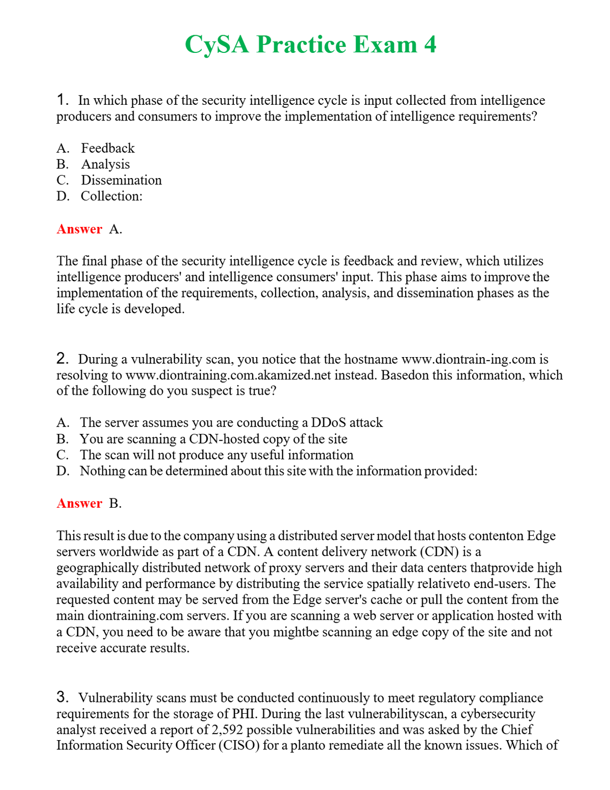 CySA Practice Exam 4 Questions With Complete Grade A+ Answers