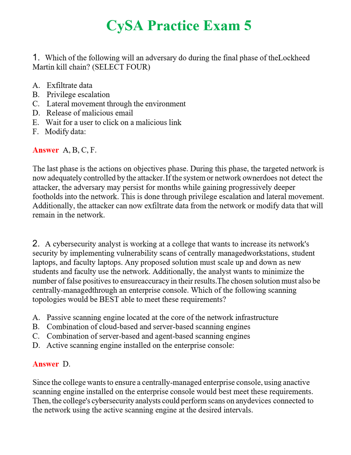 CySA Practice Exam 5 Questions With Complete Grade A+ Answers