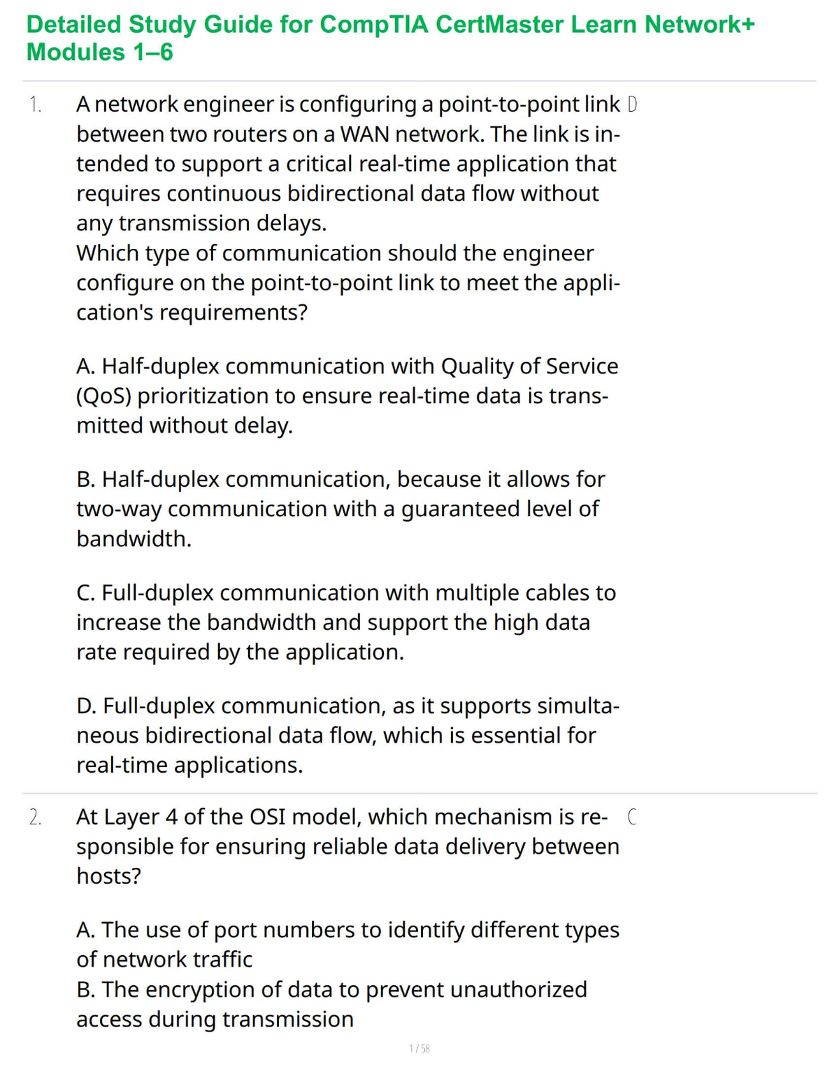 Detailed Study Guide for CompTIA CertMaster Learn Network+ Modules 1–6