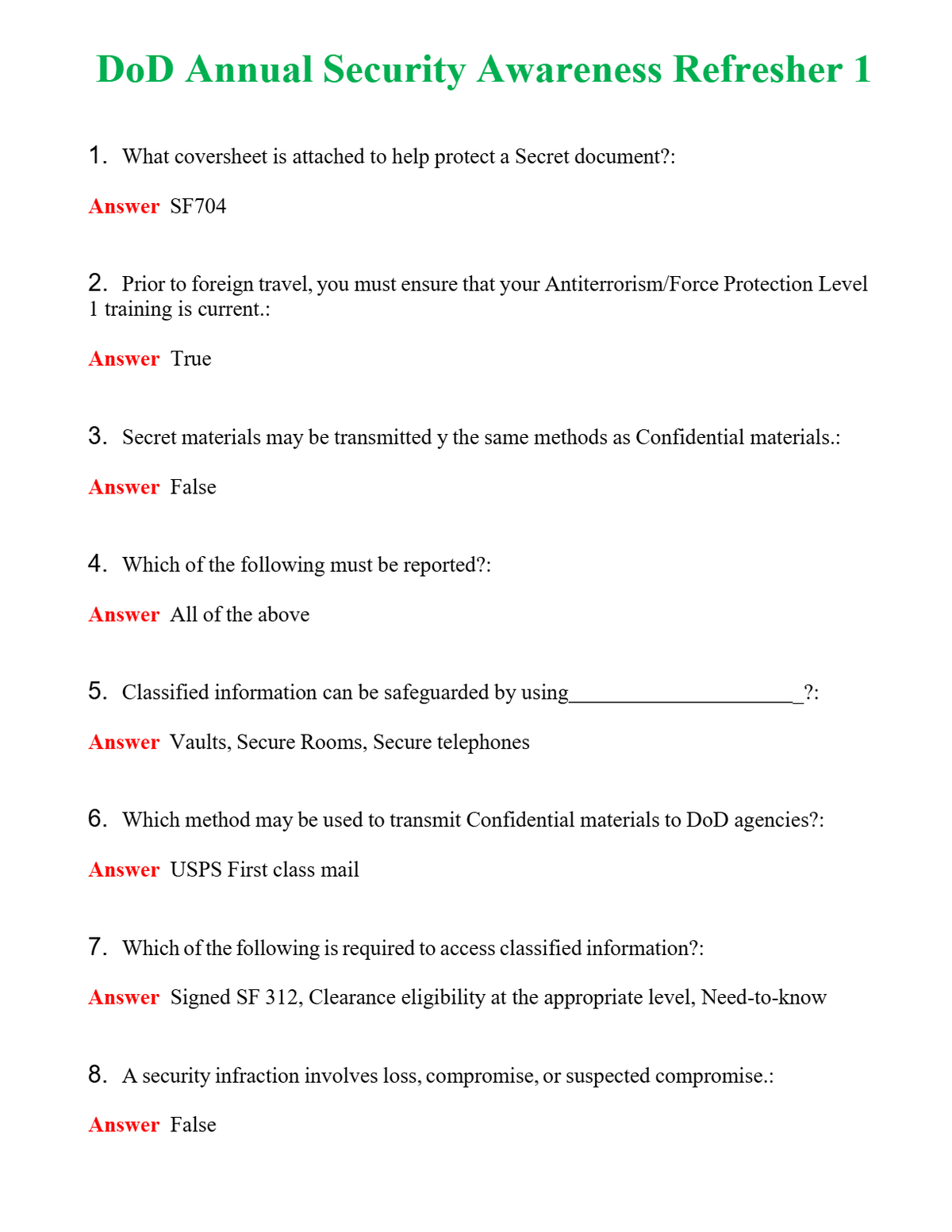 DoD Annual Security Awareness Refresher 1 | Actual Questions and Verified Answers ( Included ) 100% Correct