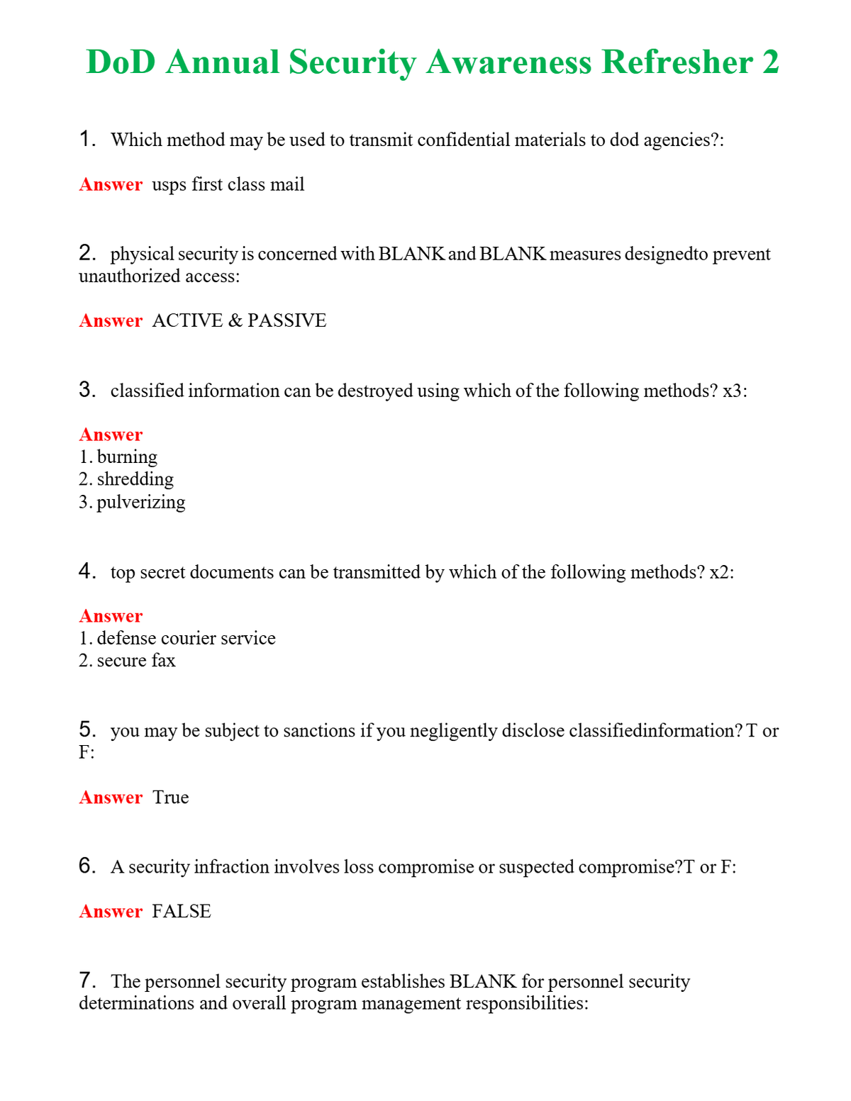 DoD Annual Security Awareness Refresher 2 | Actual Questions and Verified Answers ( Included ) 100% Correct
