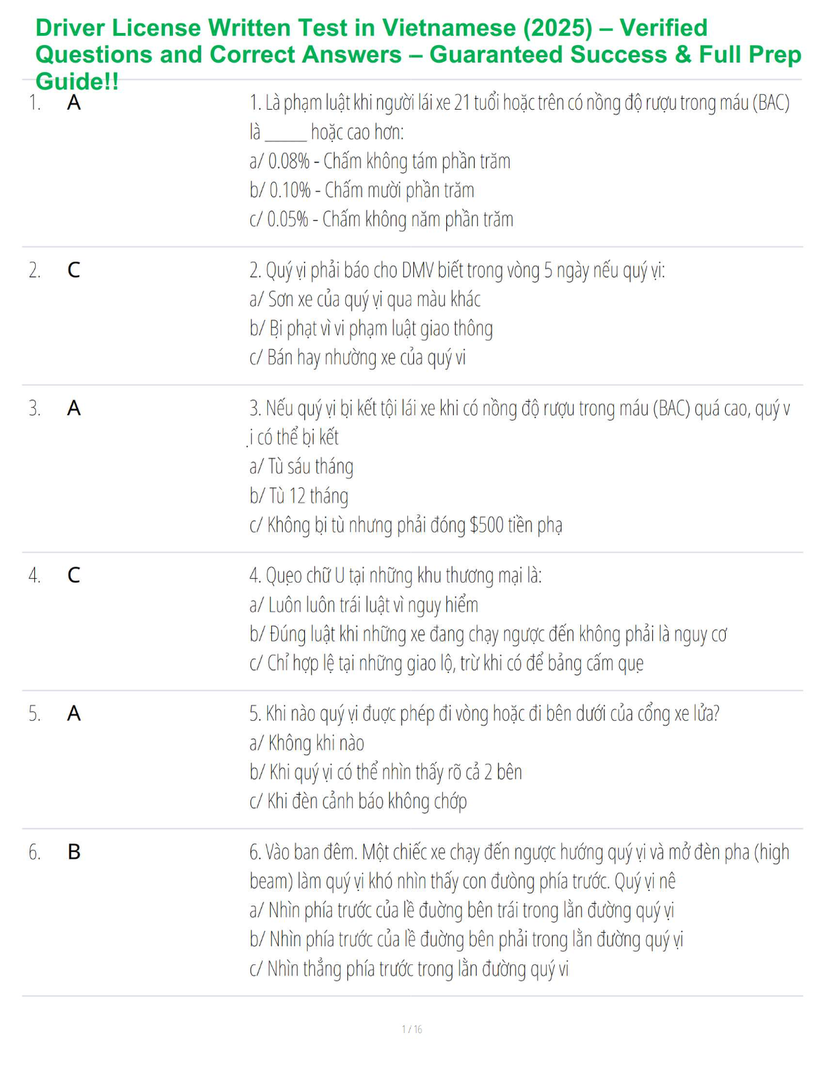 Driver License Written Test in Vietnamese (2025) – Verified Questions and Correct Answers – Guaranteed Success & Full Prep Guide!!