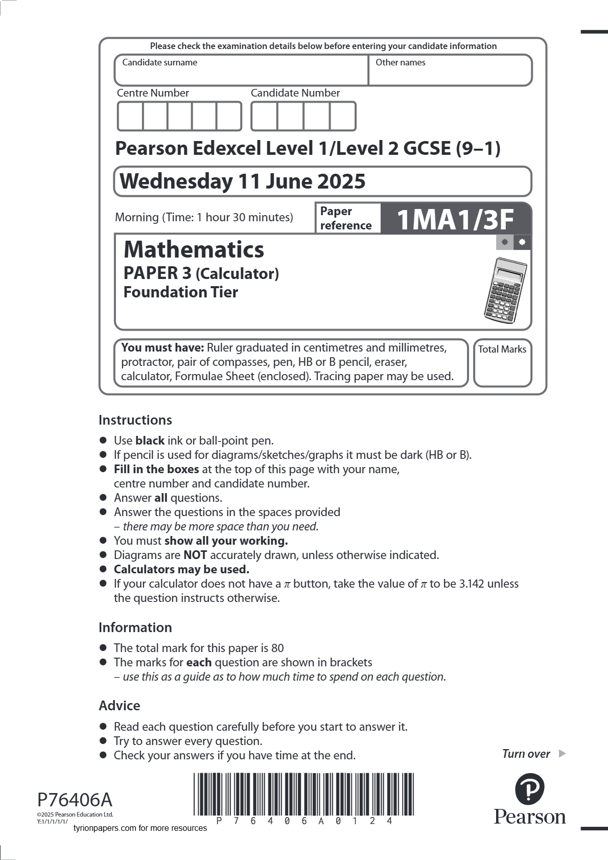 EDEXCEL GCSE JUNE 2025 MATHS FOUNDATION TIER PAPER 3 LATEST