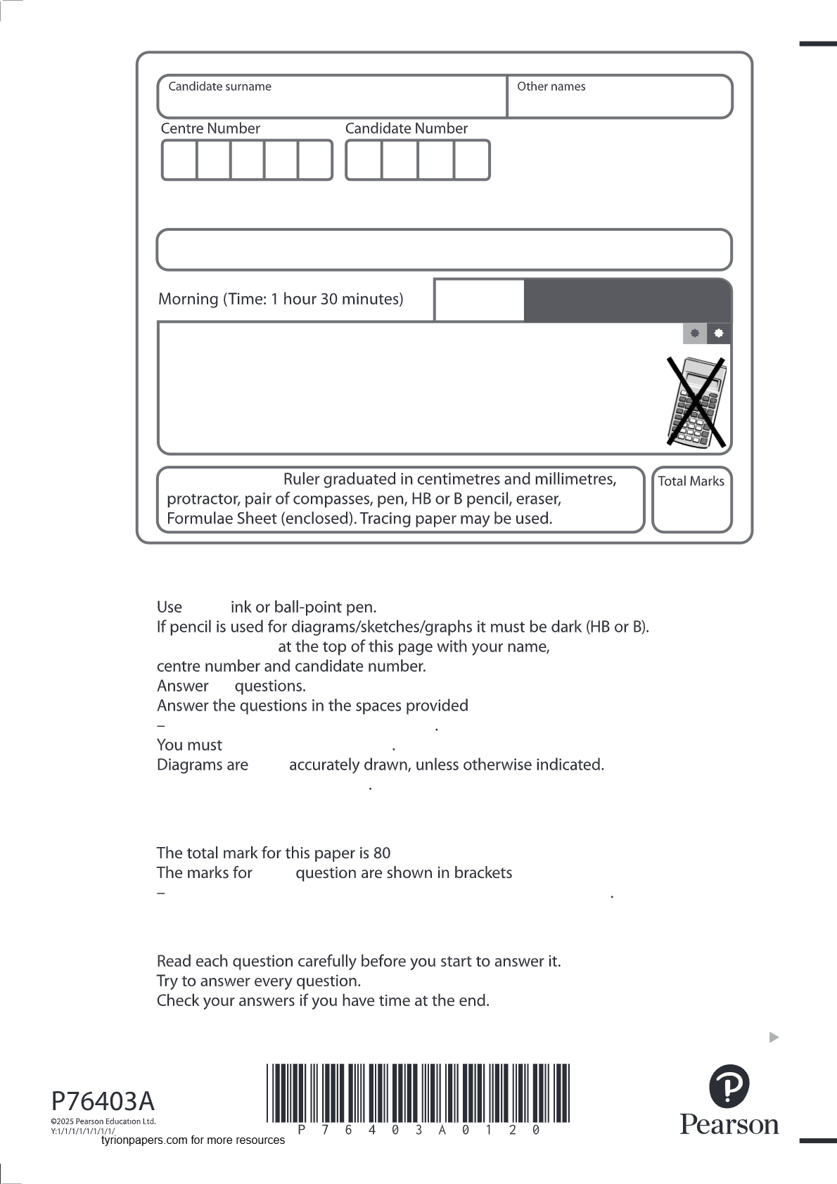 EDEXCEL GCSE JUNE 2025 MATHS HIGHER TIER PAPER 1 NON CALCULATOR LATEST