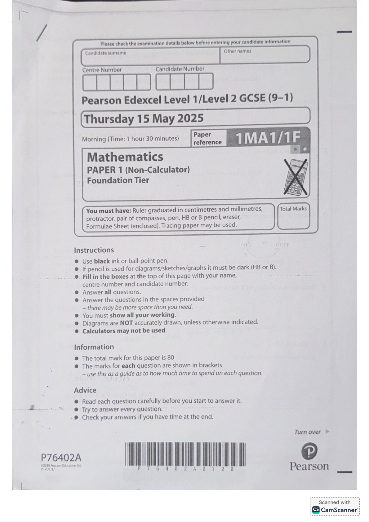 EDEXCEL GCSE MATHS 2025 FOUNDATION PAPER 1 MODEL SOLUTIONS