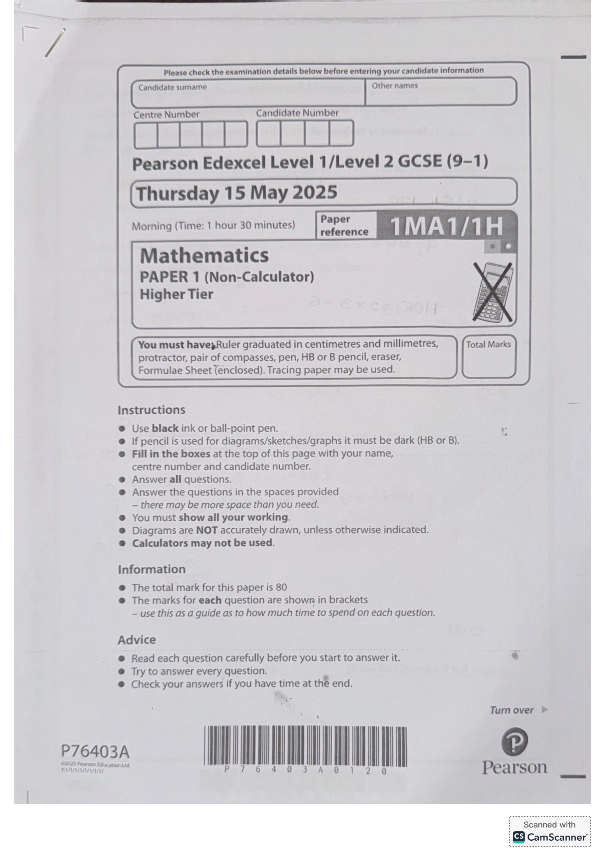 EDEXCEL GCSE MATHS 2025 HIGHER PAPER 1 MODEL SOLUTIONS