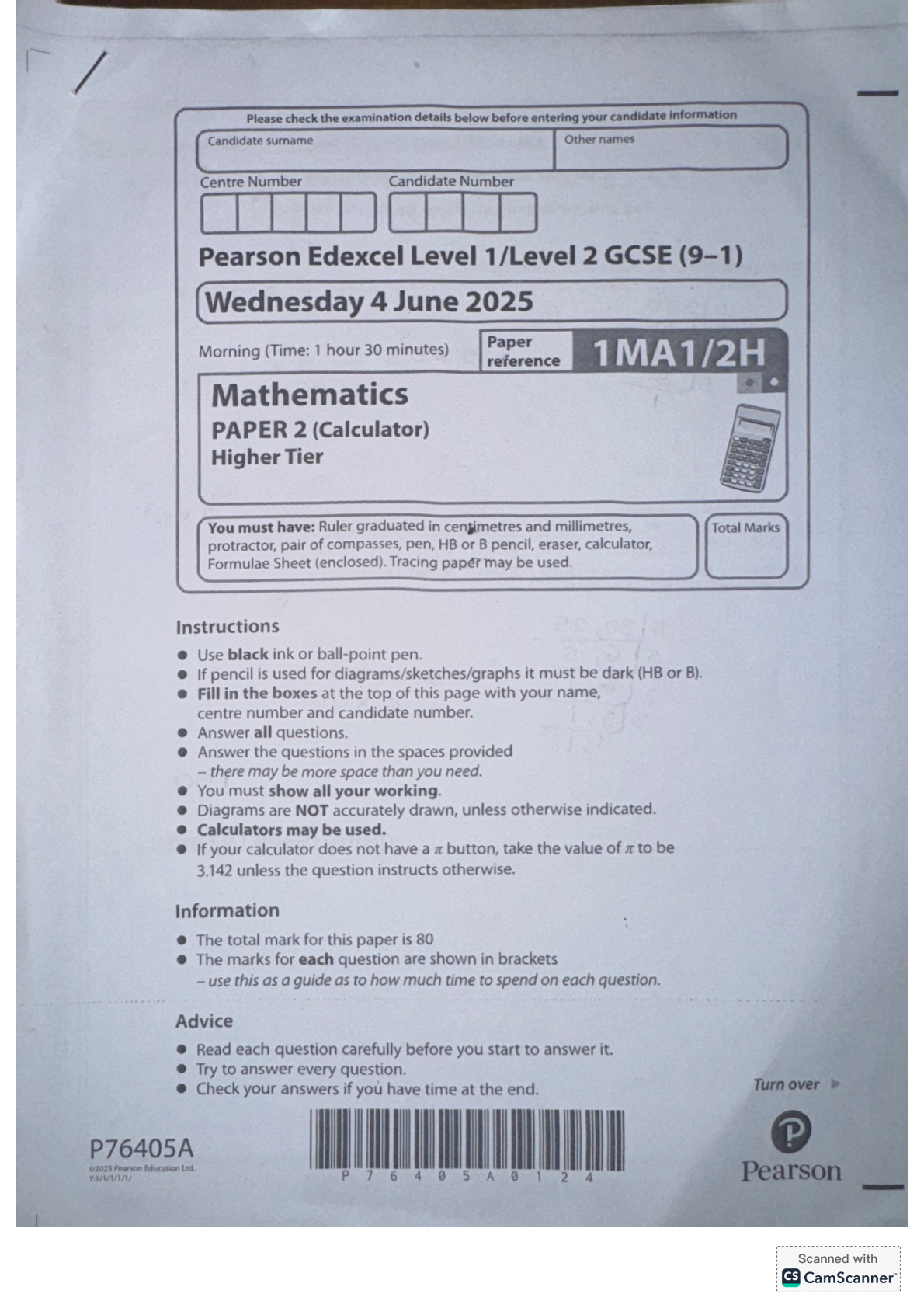 EDEXCEL GCSE MATHS 2025 PAPER 2 HIGHER SOLUTIONS