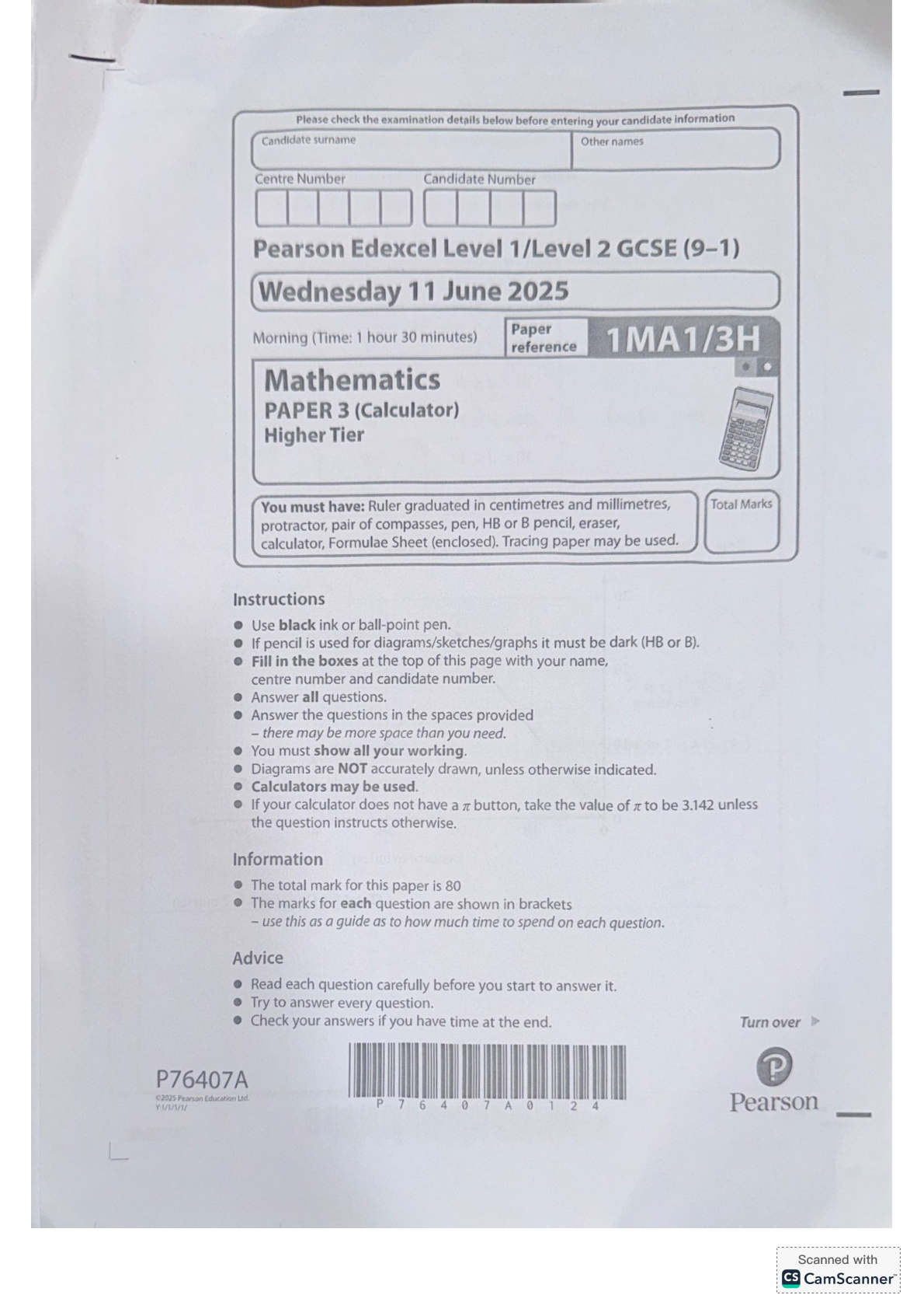 EDEXCEL GCSE MATHS JUNE 2025 HIGHER PAPER 3 SOLUTIONS