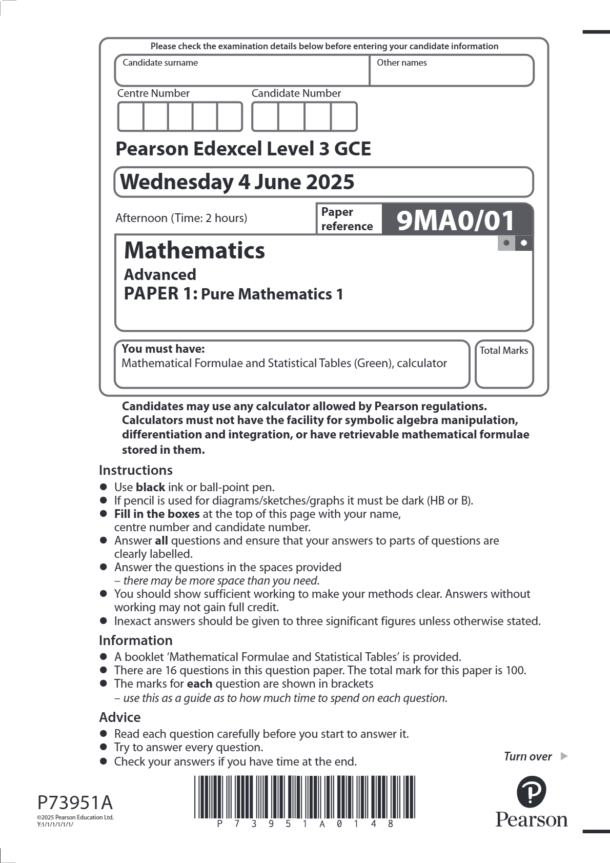 EDEXCEL JUNE 2025 A LEVEL MATHS PAPER 1 PURE MATHS