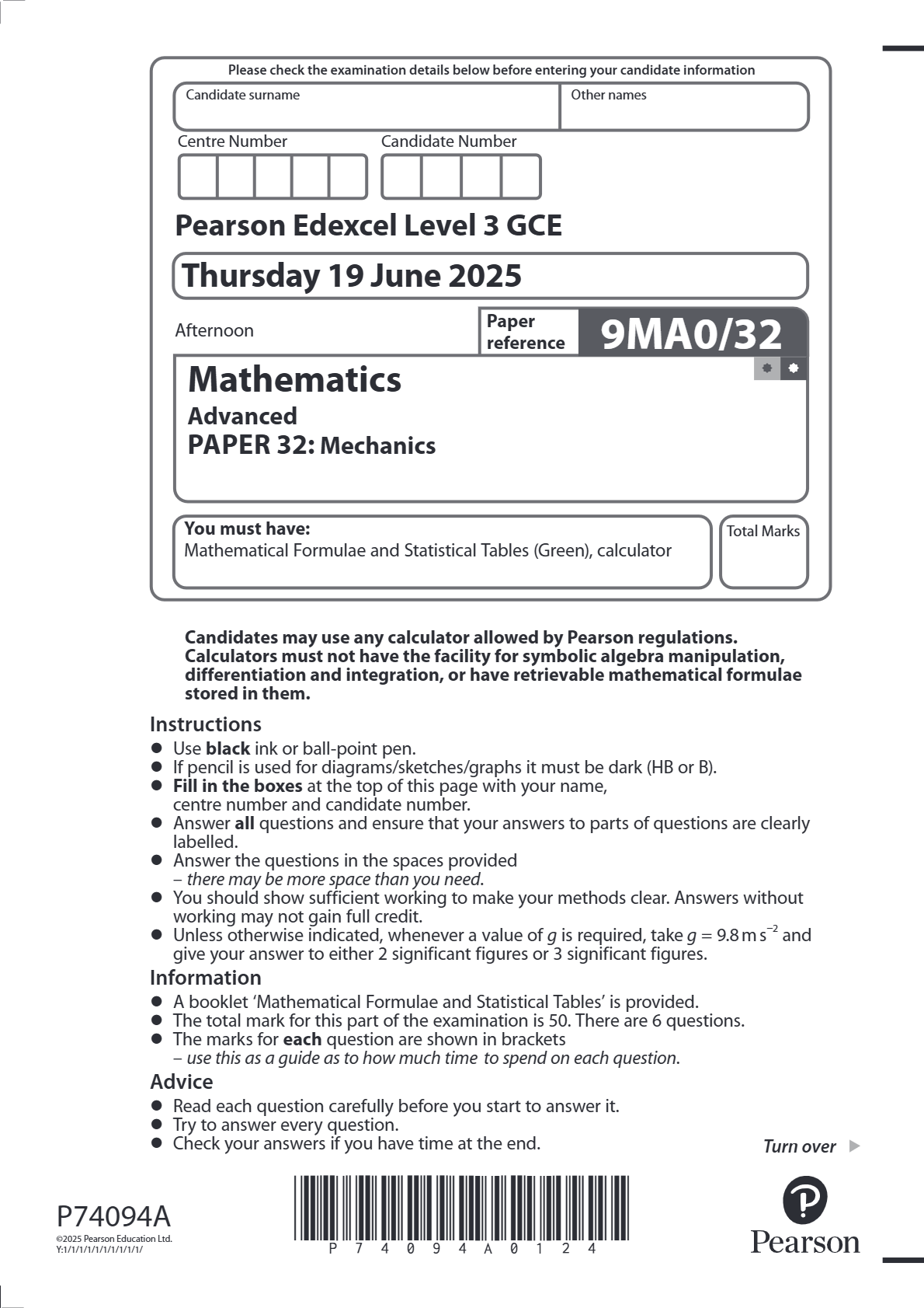 EDEXCEL JUNE 2025 A LEVEL MATHS PAPER 3 MECHANICS