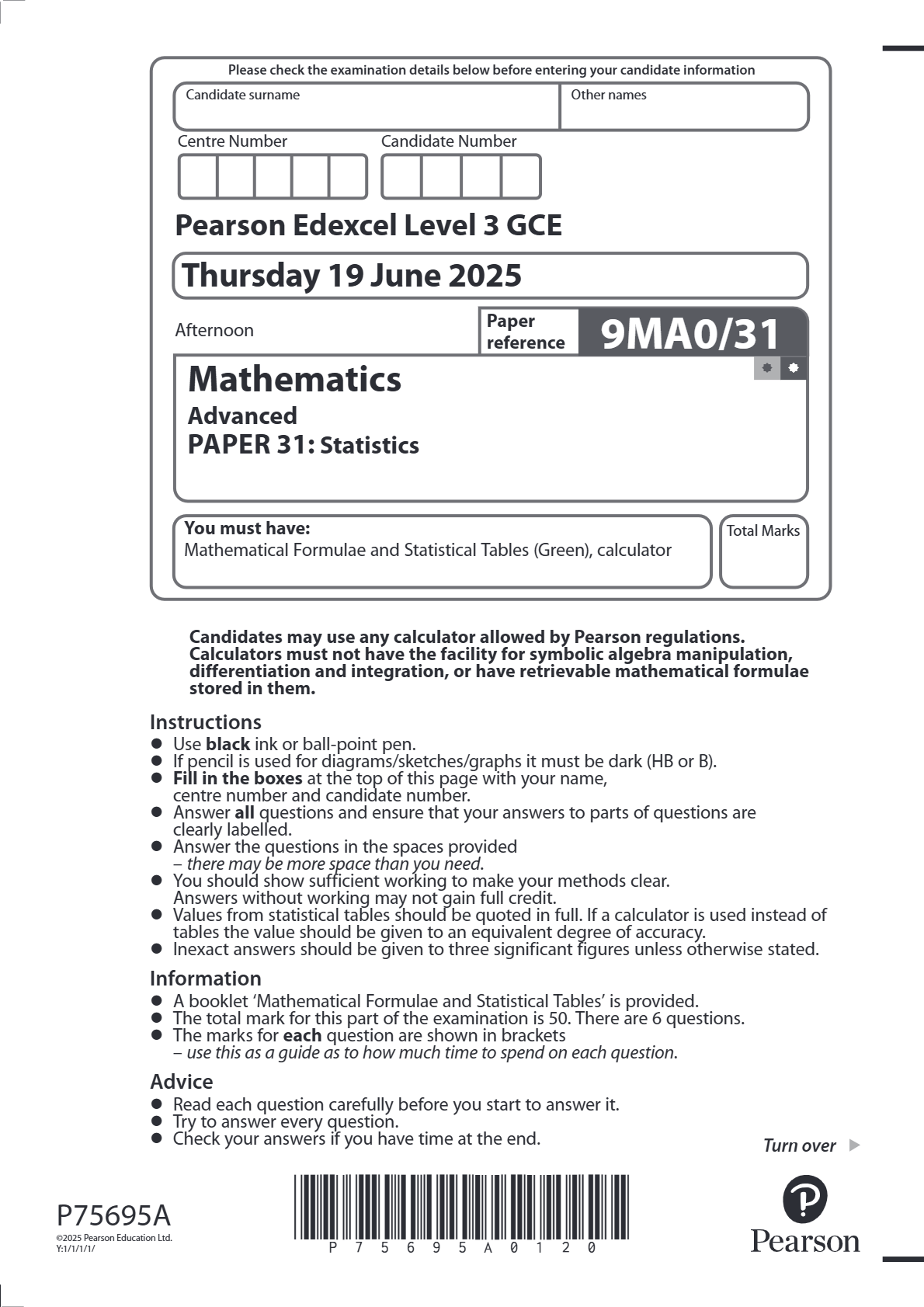 EDEXCEL JUNE 2025 A LEVEL MATHS PAPER 3 STATISTICS