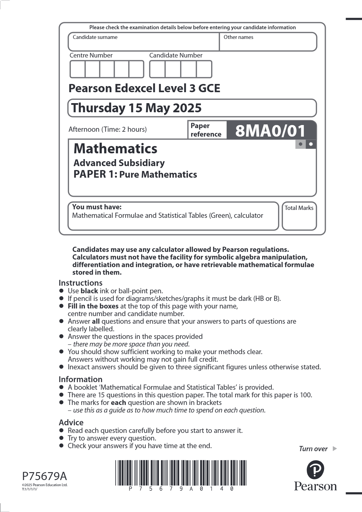 EDEXCEL JUNE 2025 AS LEVEL MATHS 8MA0/01 PAPER 1 PURE MATHS