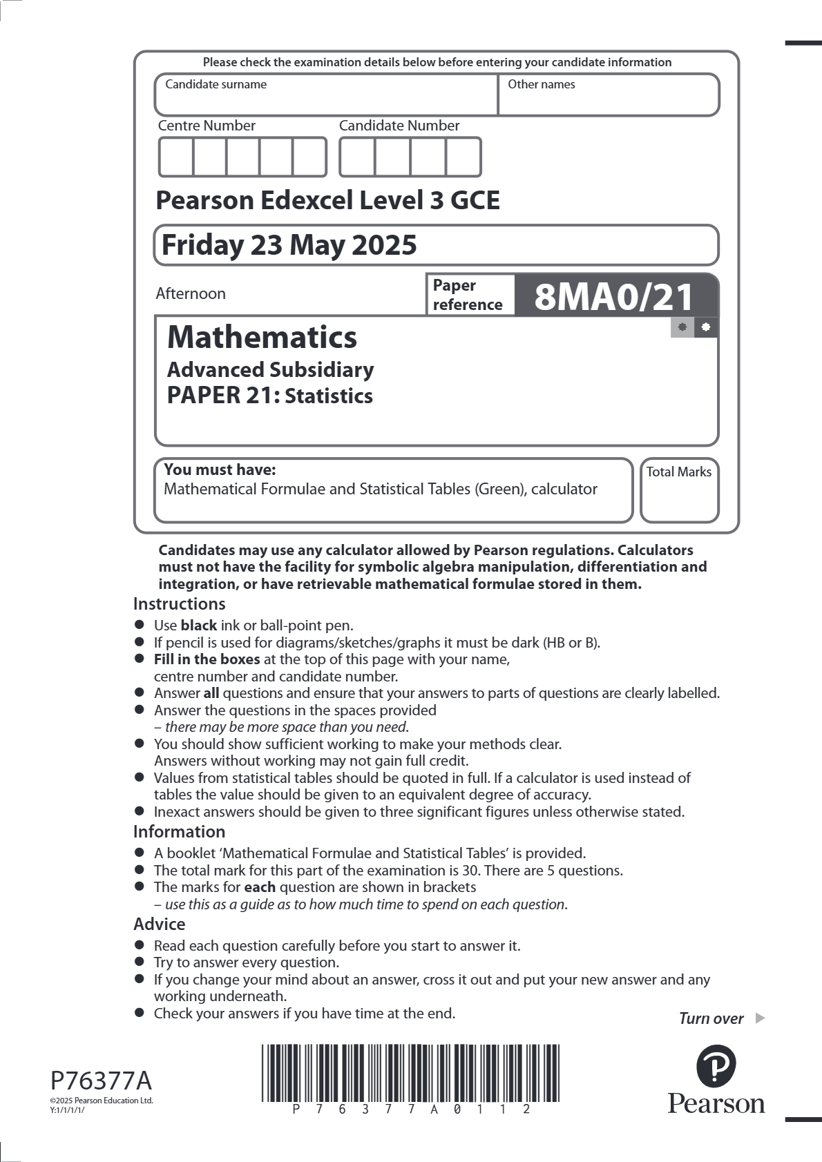 EDEXCEL JUNE 2025 AS LEVEL MATHS 8MA0/21 PAPER 2 STATISTICS