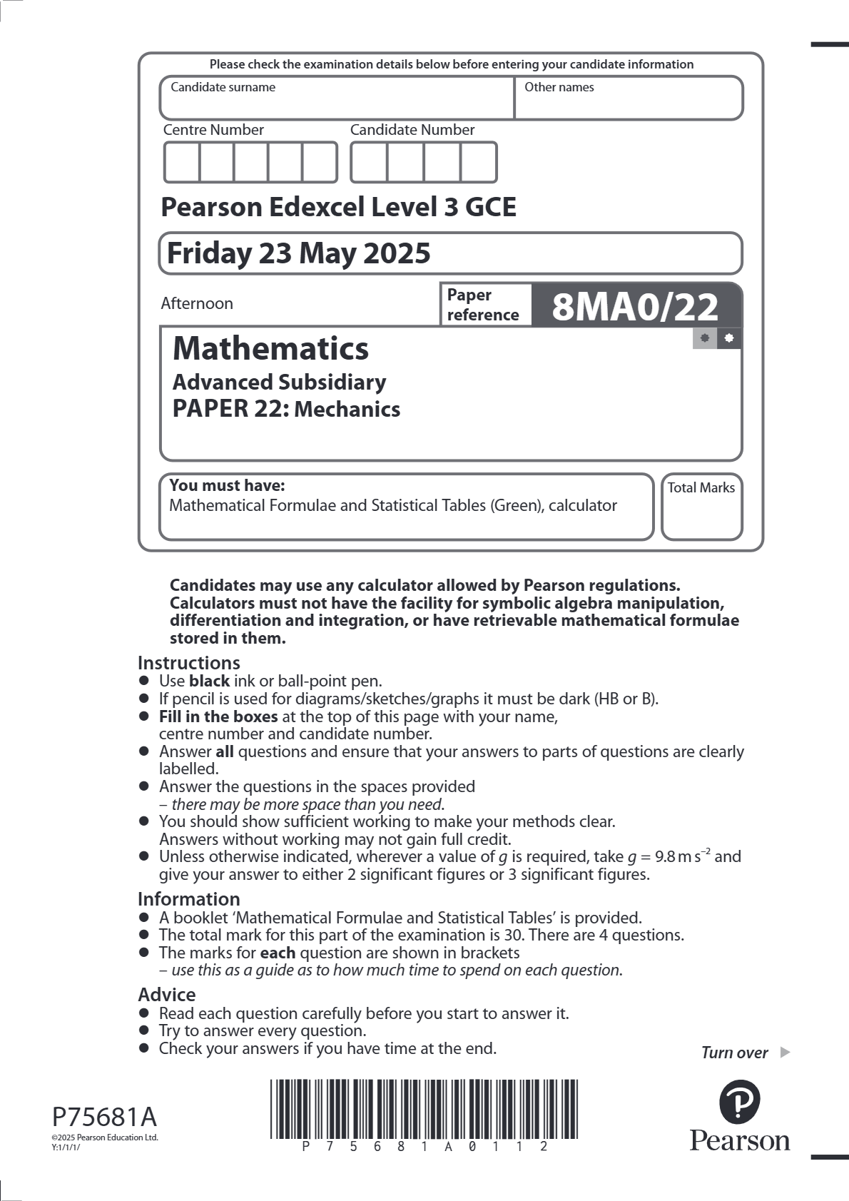 EDEXCEL JUNE 2025 AS LEVEL MATHS 8MA/022 PAPER 2 MECHANICS