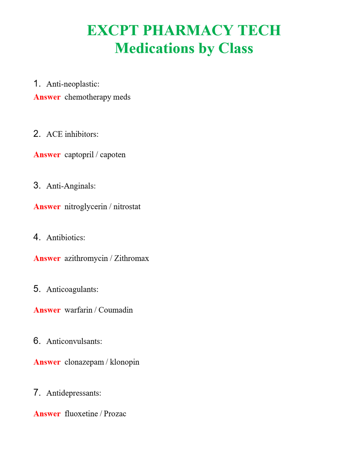 EXCPT PHARMACY TECH Medications by Class Questions With Complete Grade A+ Answers Document Content and