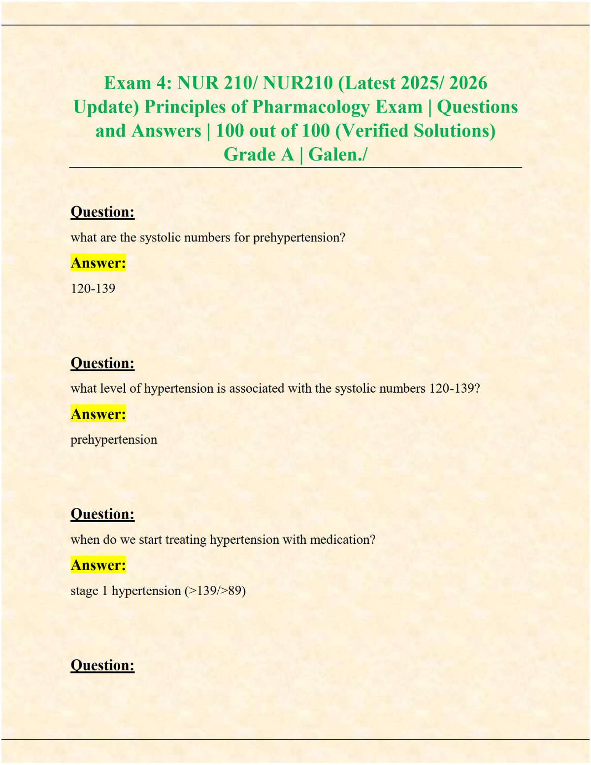 Exam 4: NUR 210 Principles of Pharmacology (Latest 2025/2026 Update) | Verified Questions & Answers | Grade A | Galen