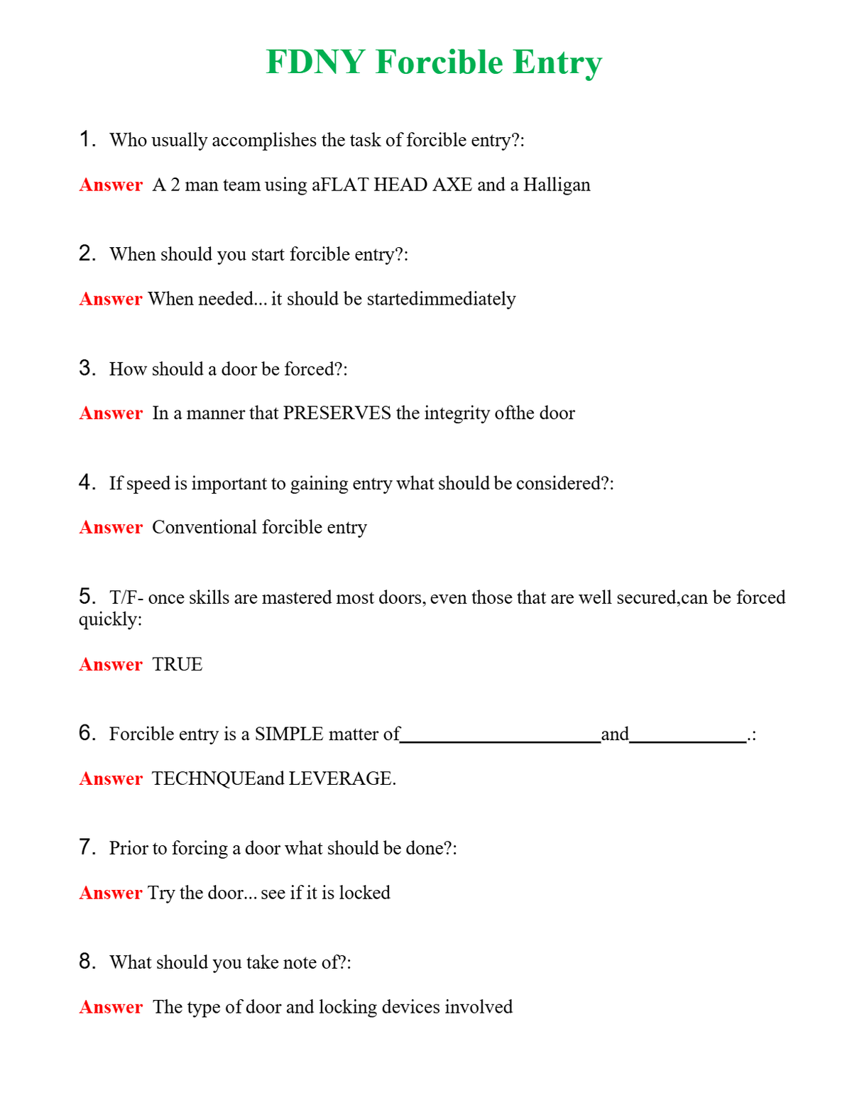 FDNY Forcible Entry | Actual Questions and Verified Answers ( Included ) 100% Correct