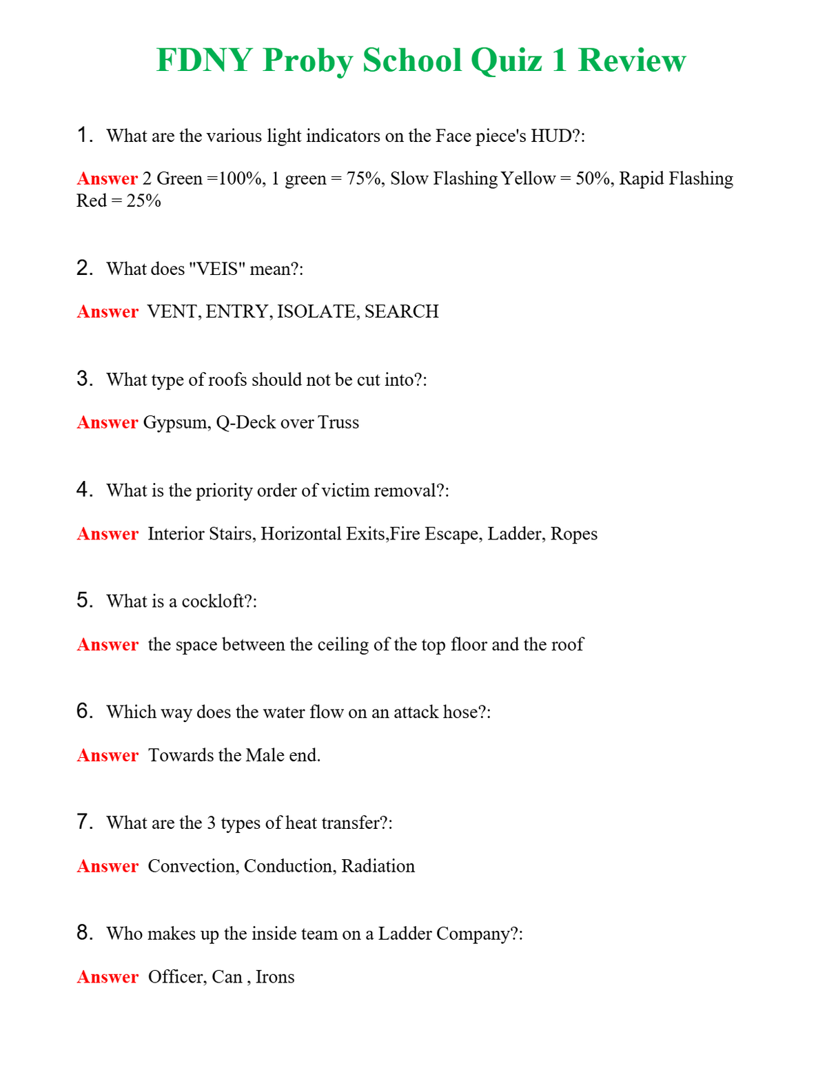 FDNY Proby School Quiz 1 Review | Actual Questions and Verified Answers ( Included ) 100% Correct
