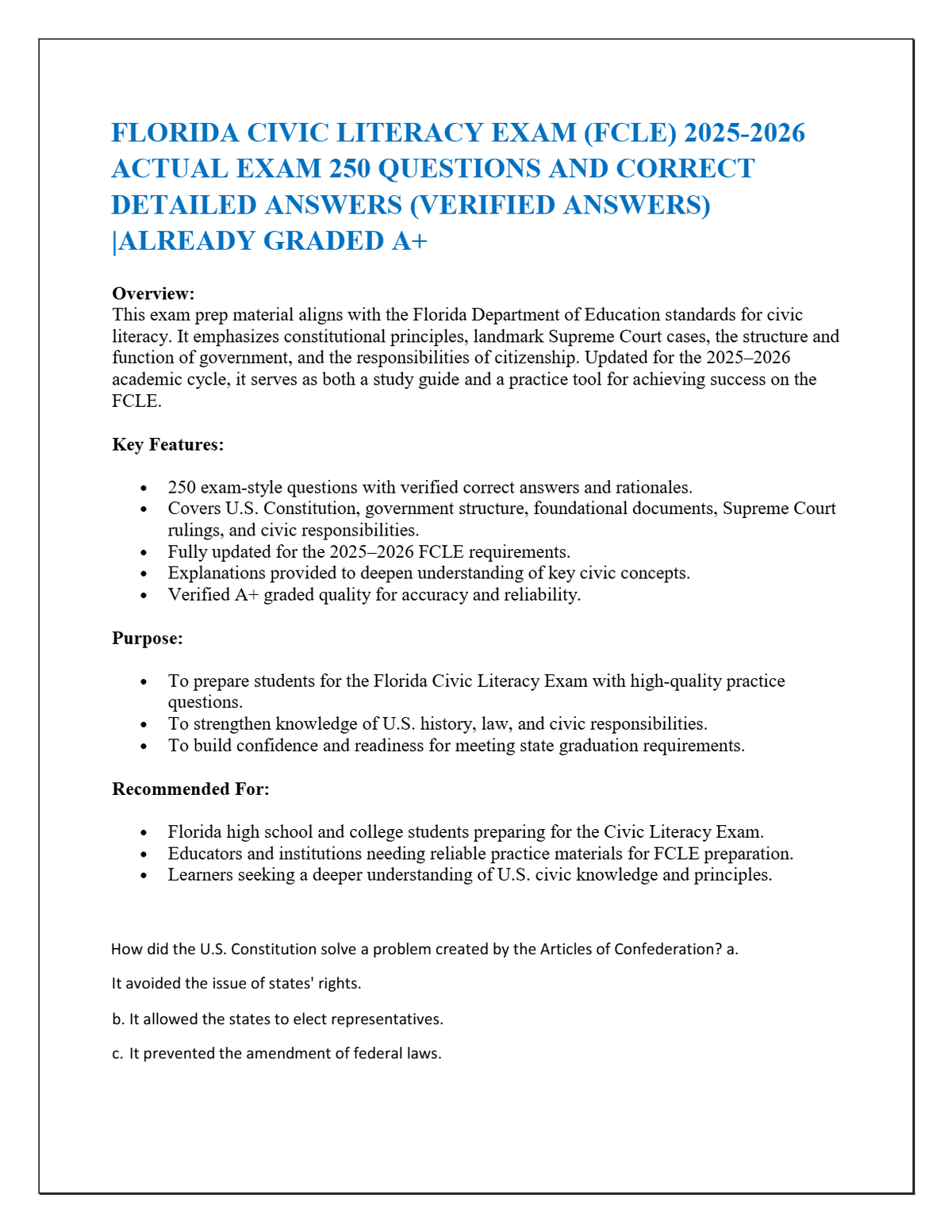 FLORIDA CIVIC LITERACY EXAM (FCLE) 2025-2026 ACTUAL EXAM 250 QUESTIONS AND CORRECT DETAILED ANSWERS (VERIFIED ANSWERS) |ALREADY GRADED A+