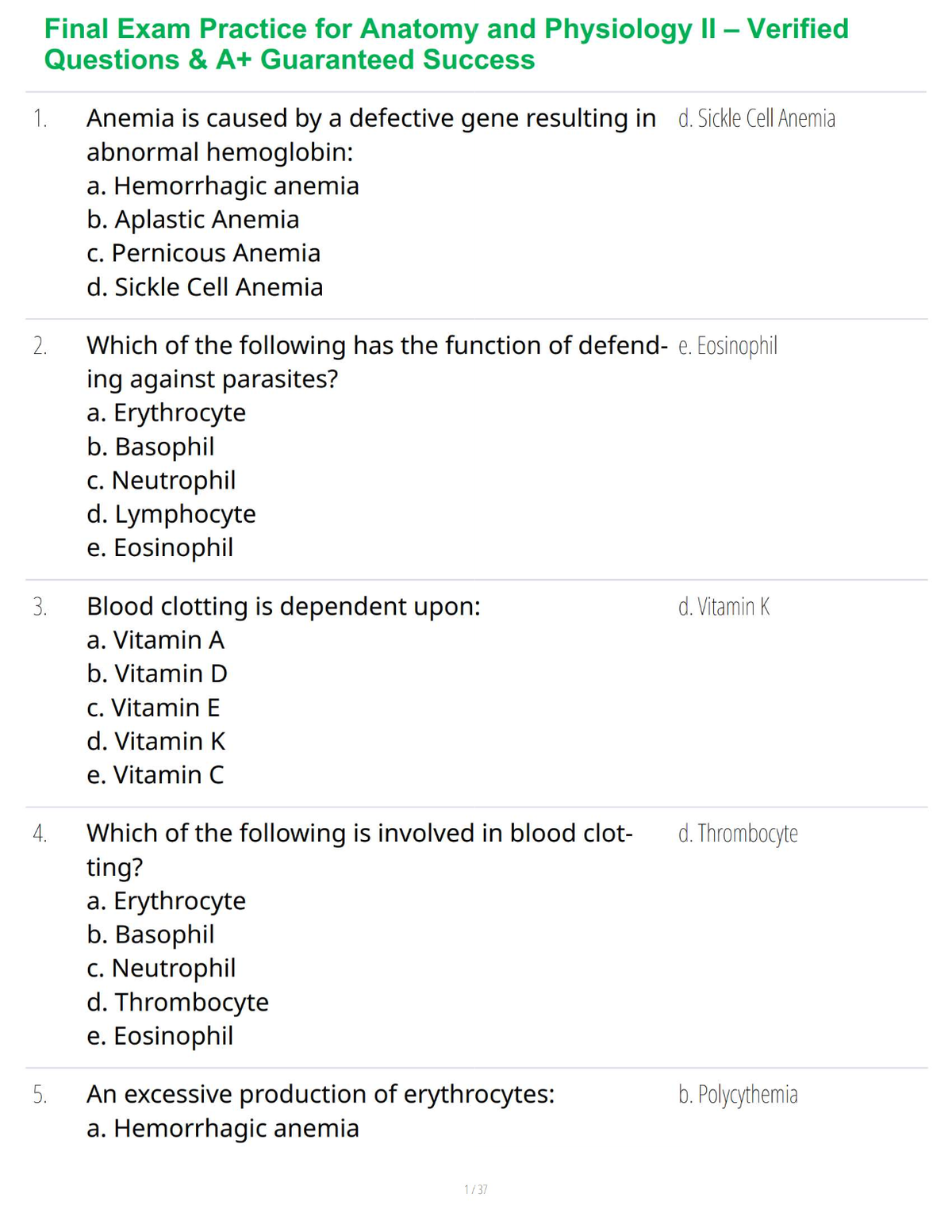 Final Exam Practice for Anatomy and Physiology II – Verified Questions & A+ Guaranteed Success