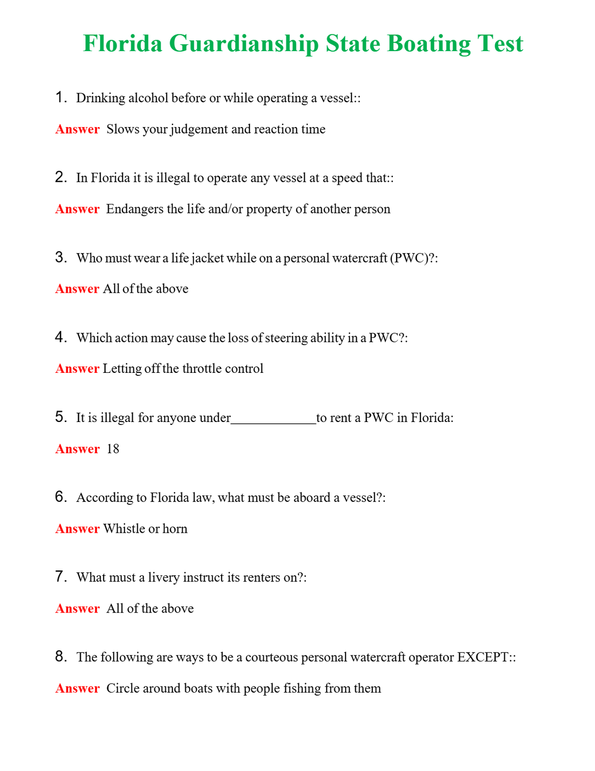Florida Guardianship State Boating Test Questions With Complete Grade A+ Answers