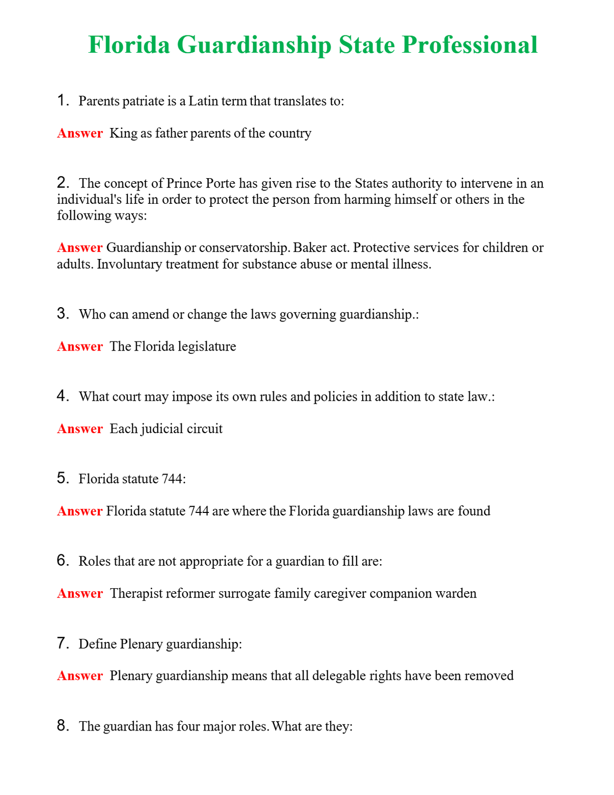 Florida Guardianship State Test-General Questions With Complete Grade A+ Answers