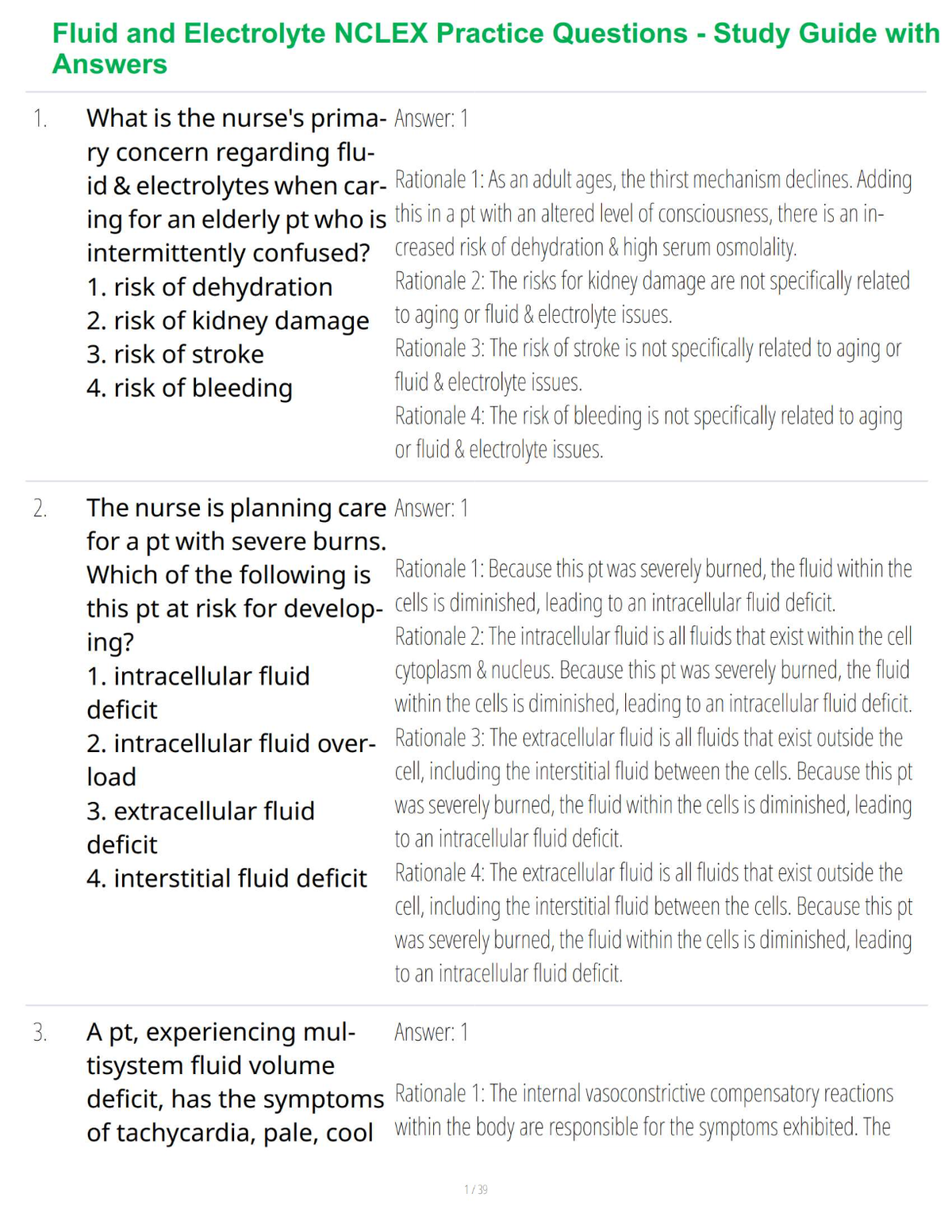 Fluid and Electrolyte NCLEX Practice Questions - Study Guide with Answers