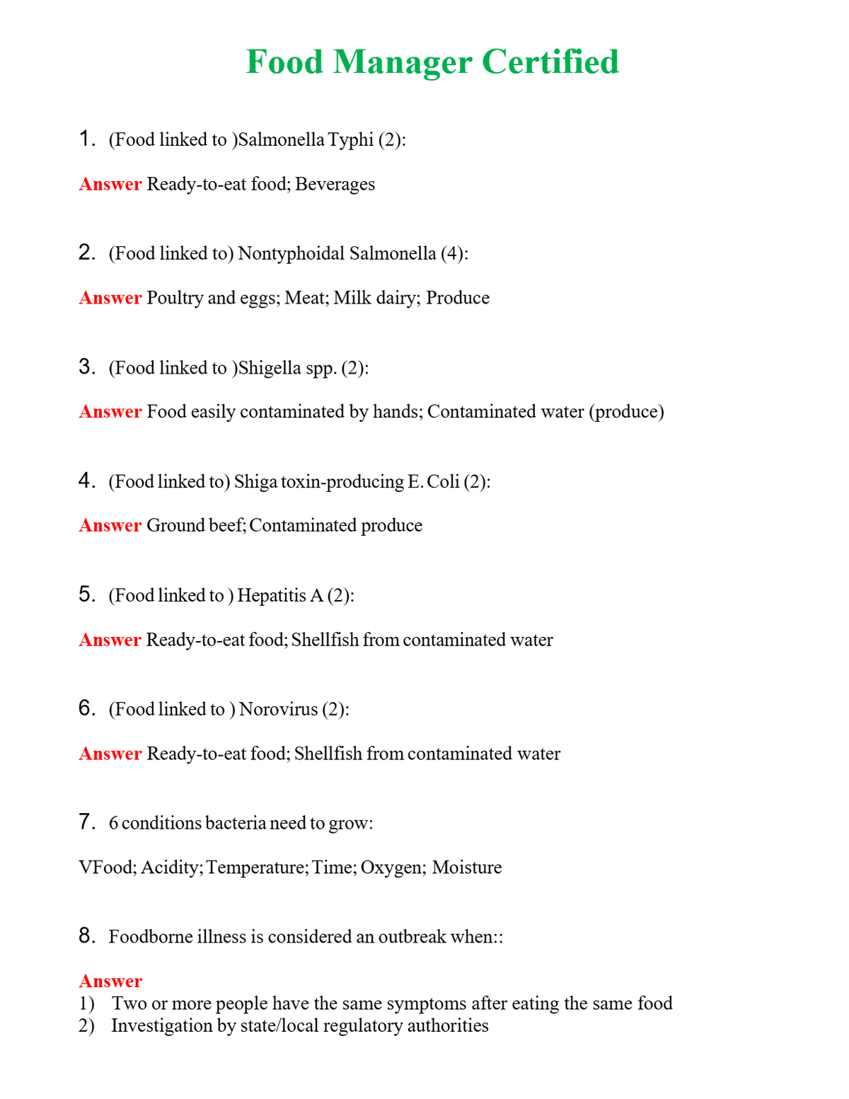 Food Manager Certified | Actual Questions and Verified Answers ( Included ) 100% Correct