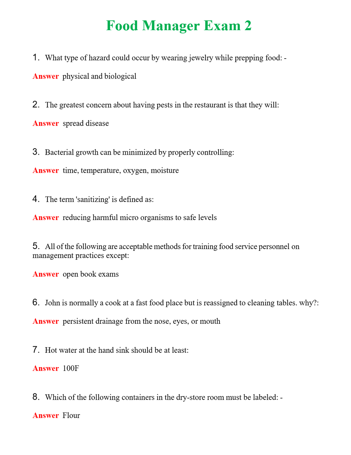 Food Manager Exam 2 | Actual Questions and Verified Answers ( Included ) 100% Correct