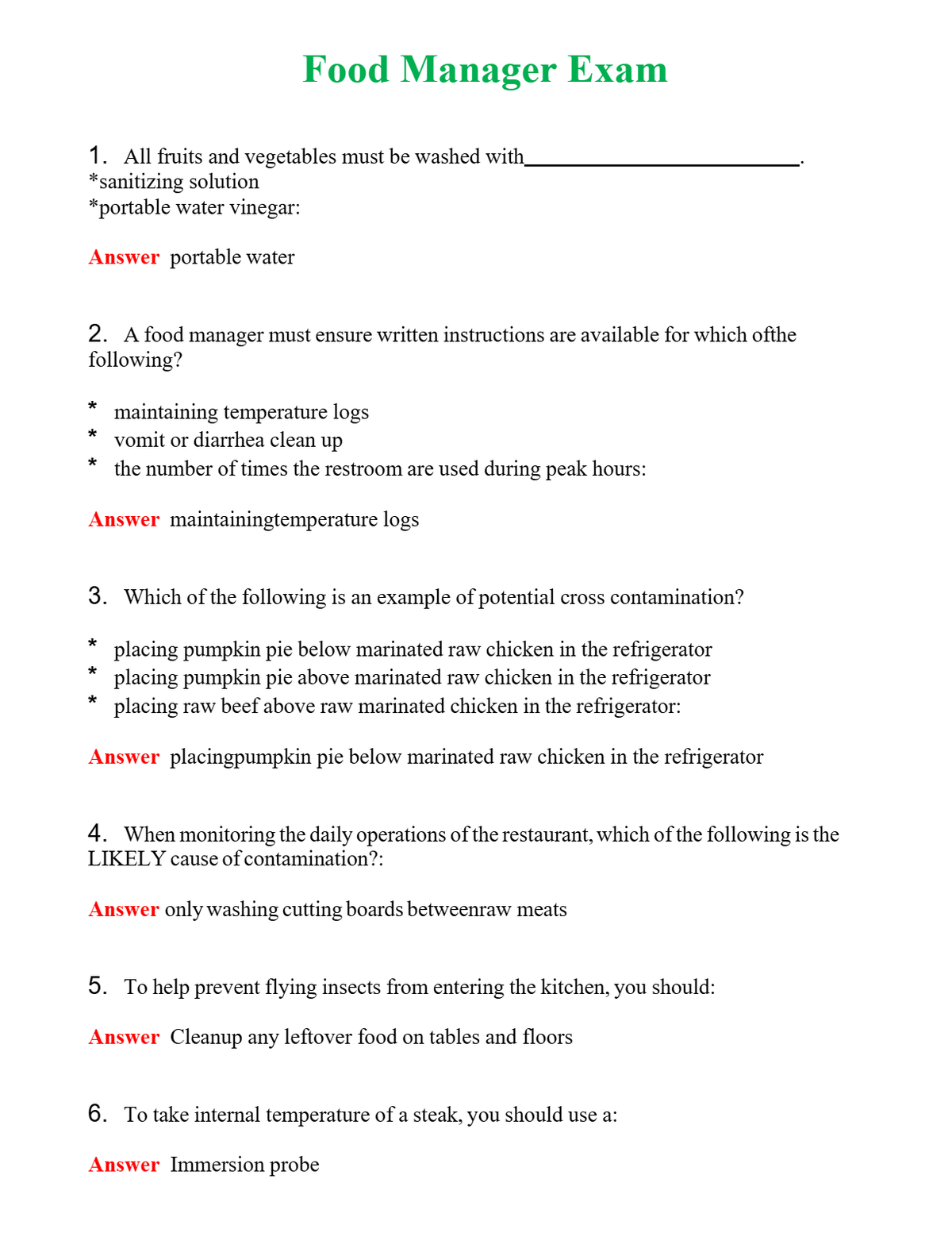 Food Manager Exam | Actual Questions and Verified Answers ( Included ) 100% Correct