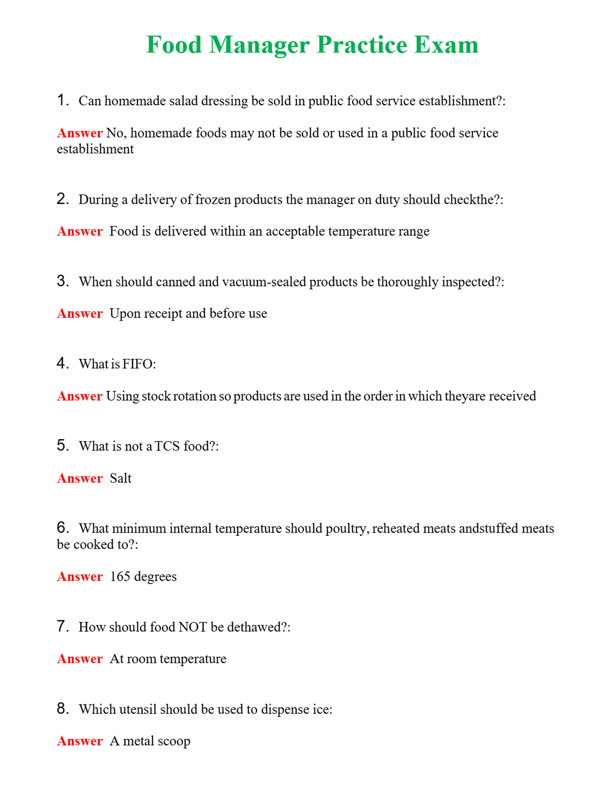 Food Manager Practice Exam | Actual Questions and Verified Answers ( Included ) 100% Correct